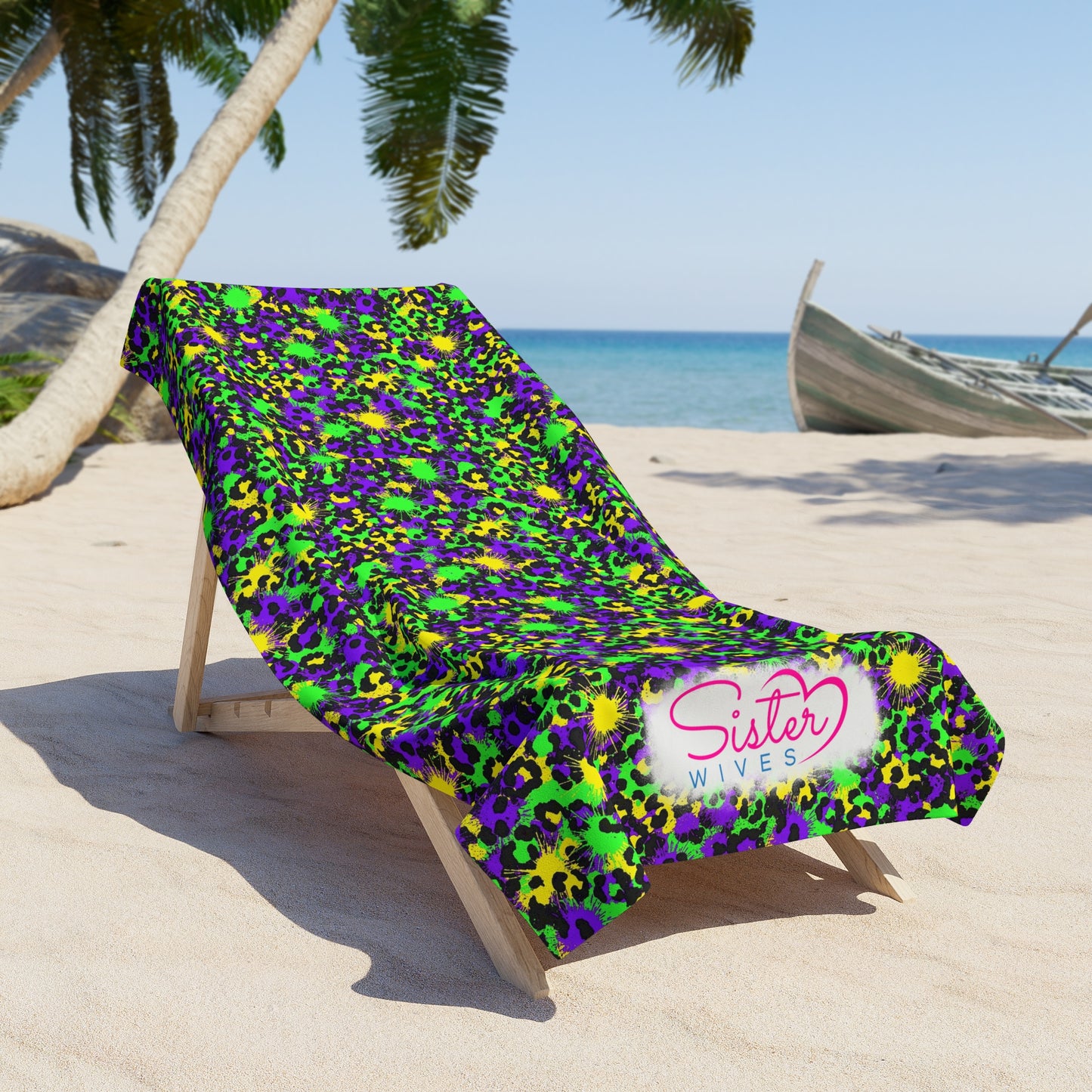 Mardi Gras Cheetah Print Beach Towel | Polyamory ENM Friendly | Matching Couple & Throuple Towel | Festival Cruise Pool & Resort Towel