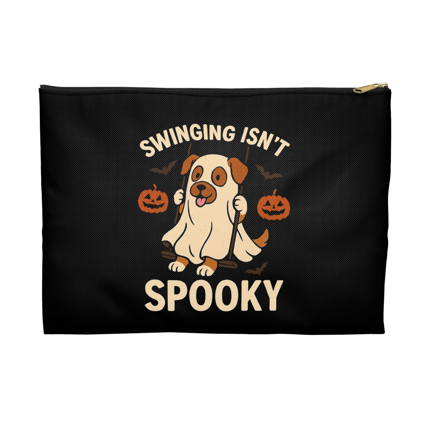 Swinging Isn’t Spooky Ghost Dog Halloween Pouch – Cute Skeleton Design for Trick-or-Treat, Parties & Gifting