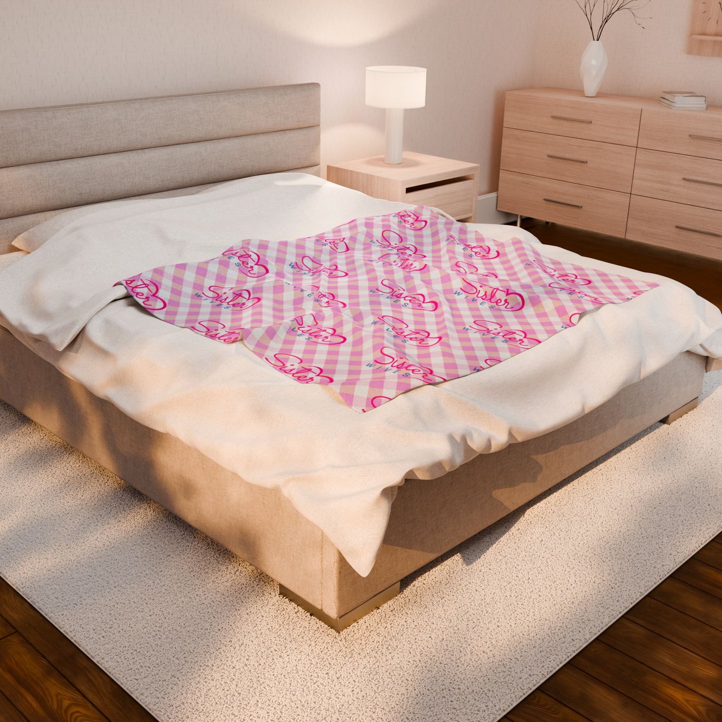 Sister Wives Light Pink Gingham Velveteen Plush Blanket