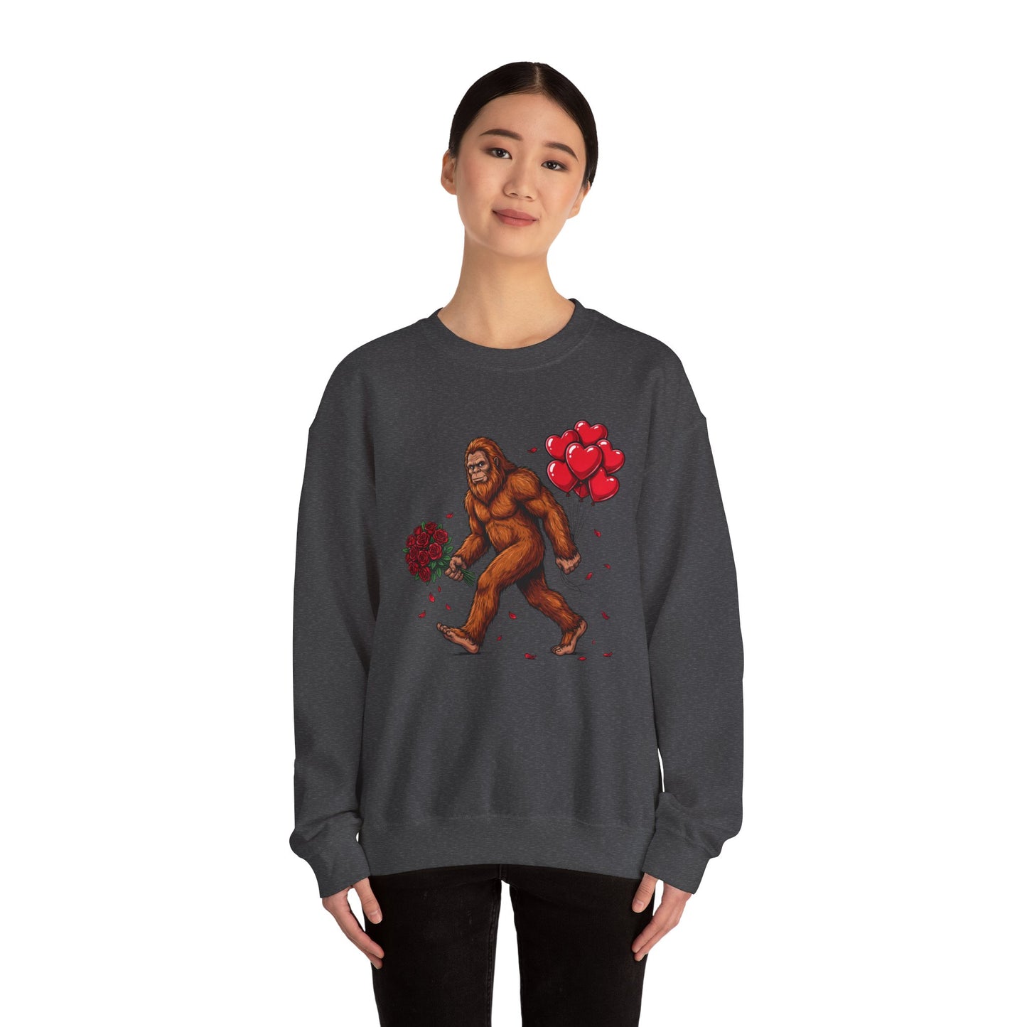 Bigfoot with Flowers Crewneck Sweatshirt | Sasquatch Valentine Pullover | Whimsical Cryptid Love Sweatshirt | Cozy Forest Aesthetic Apparel