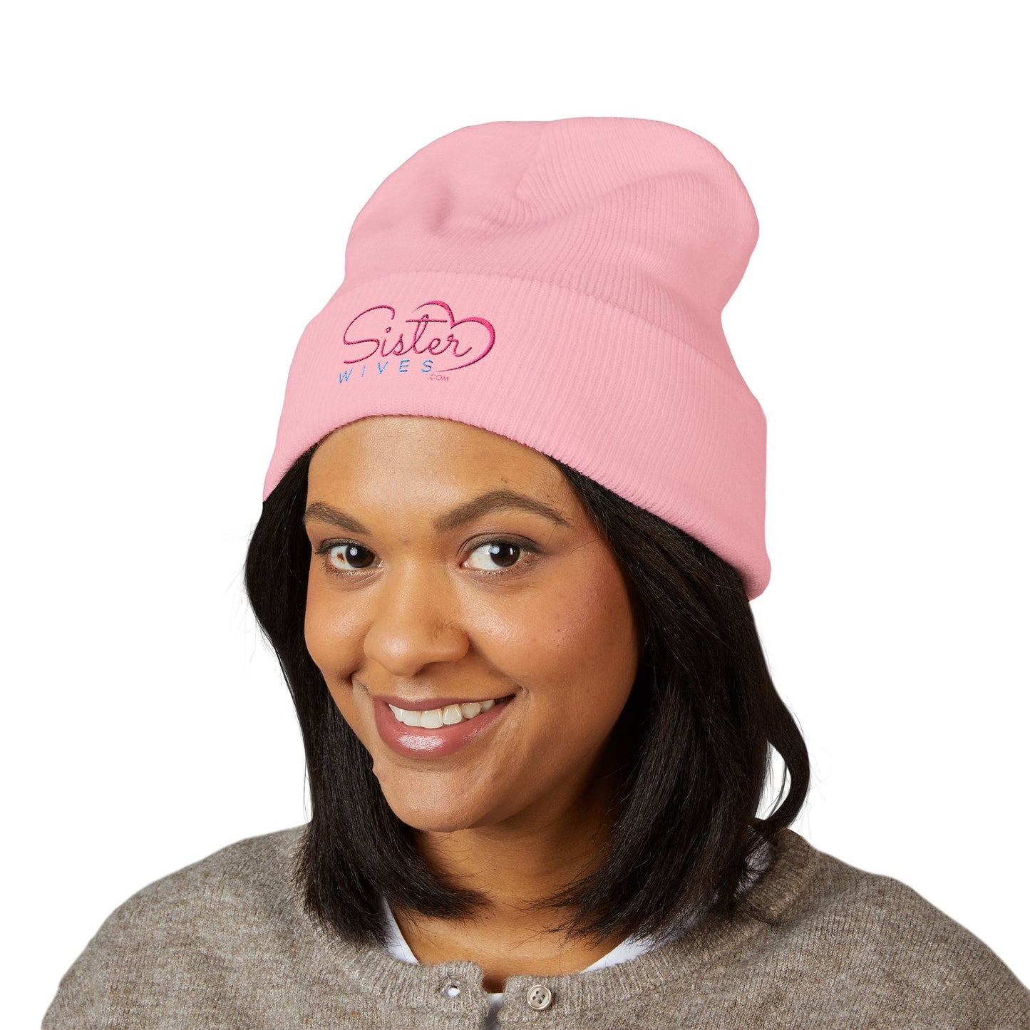 SisterWives Logo Embroidered Cuffed Beanie, Cozy Hat for Family Gatherings, Winter Wear, Holiday Gift, Fashion Accessory