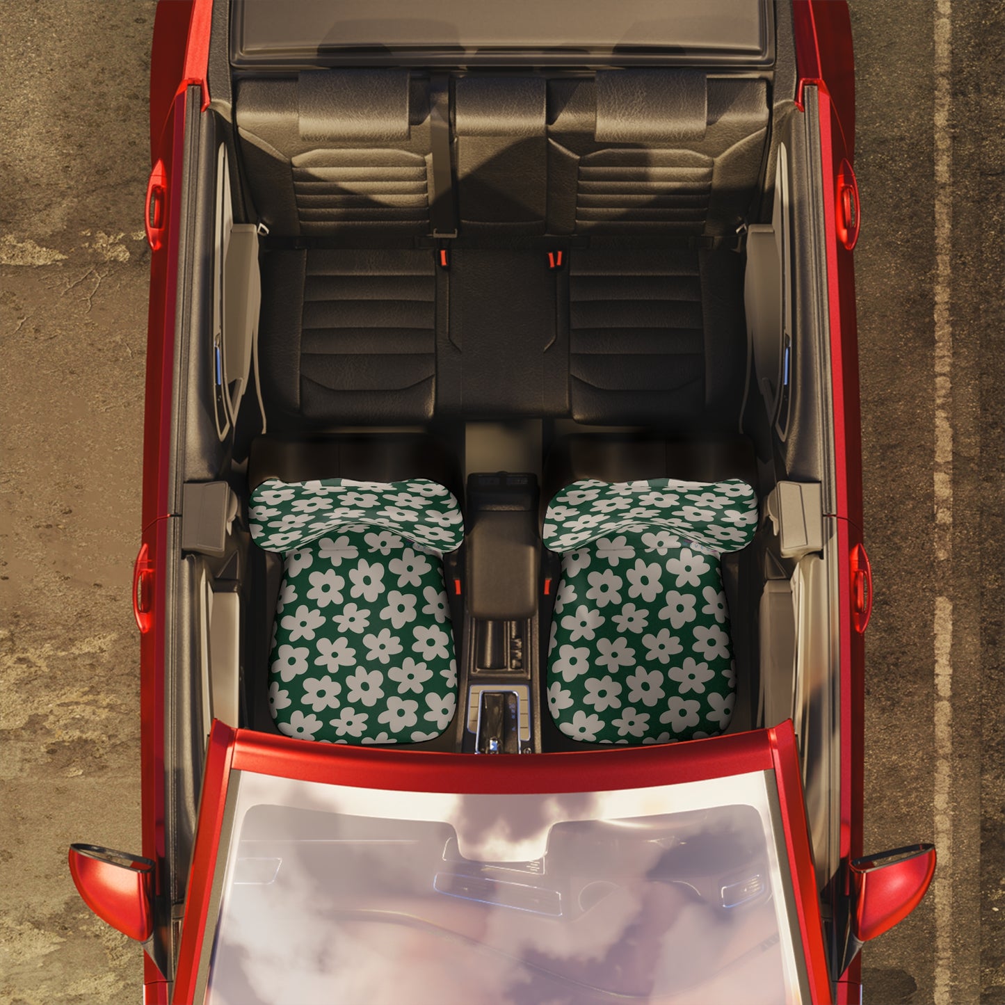 Green Floral Car Seat Covers | Retro Daisy Auto Decor | 70s Flower Power Seat Covers | Polyamory & ENM Friendly