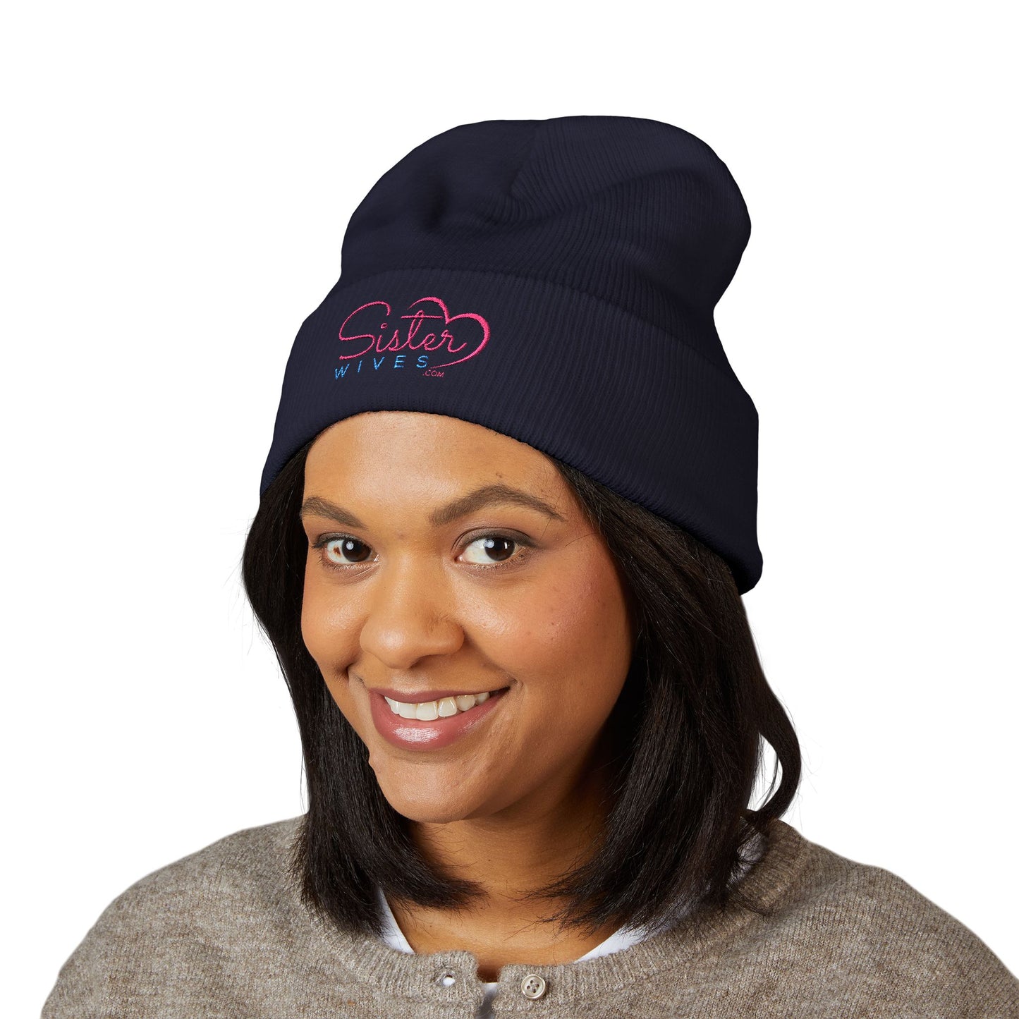 SisterWives Logo Embroidered Cuffed Beanie, Cozy Hat for Family Gatherings, Winter Wear, Holiday Gift, Fashion Accessory