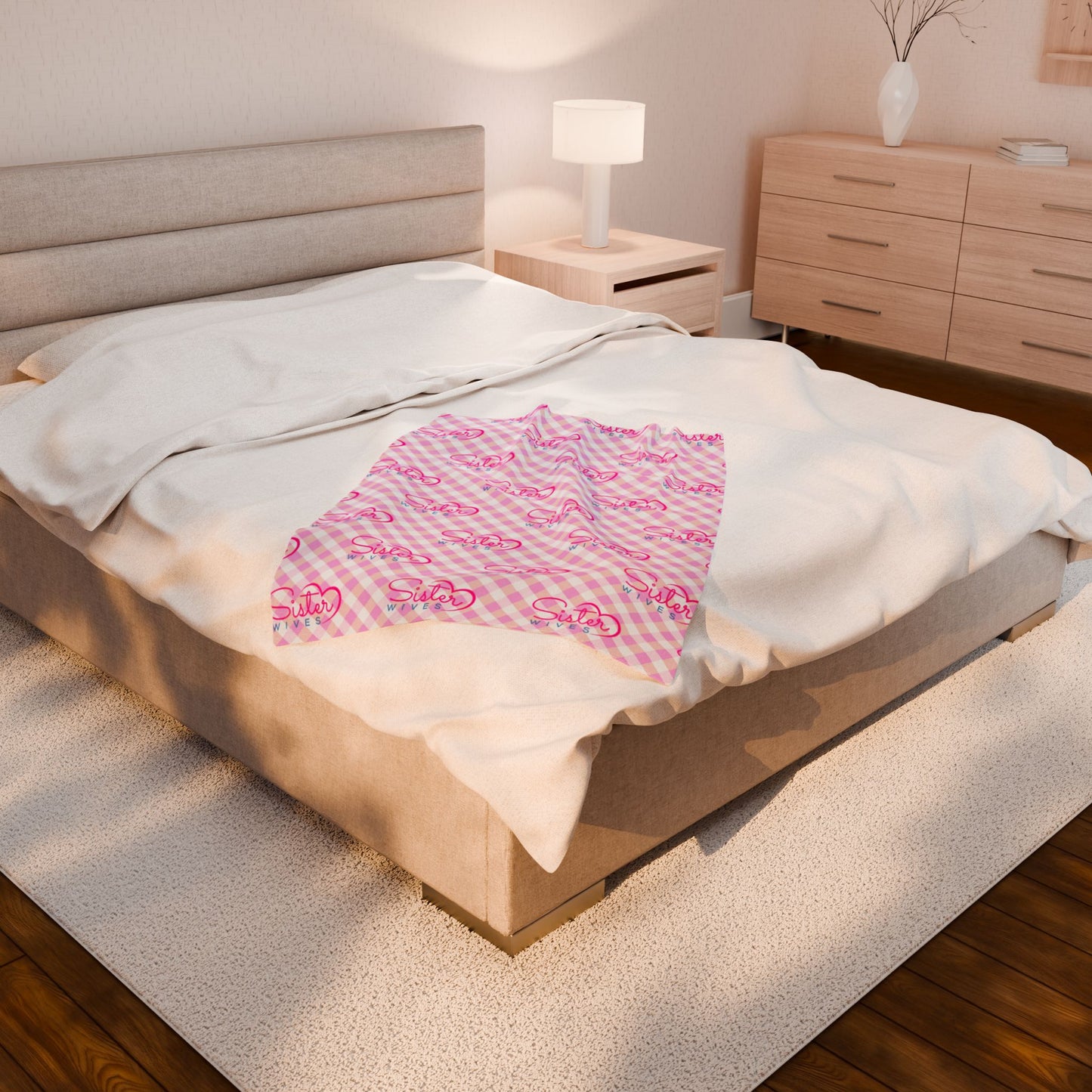 Sister Wives Light Pink Gingham Velveteen Plush Blanket