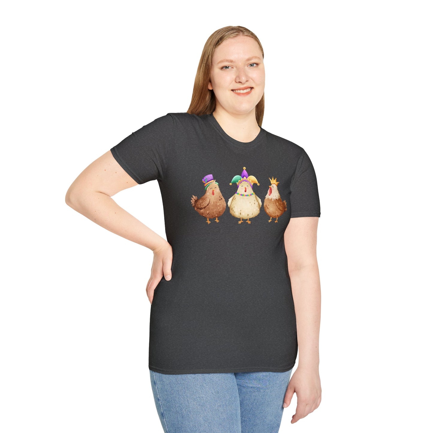 Throuple Chicken T-Shirt | Polyamory ENM Pride Tee | Cute Mardi Gras Chickens Graphic Shirt | Chosen Family Swinger Lifestyle Apparel