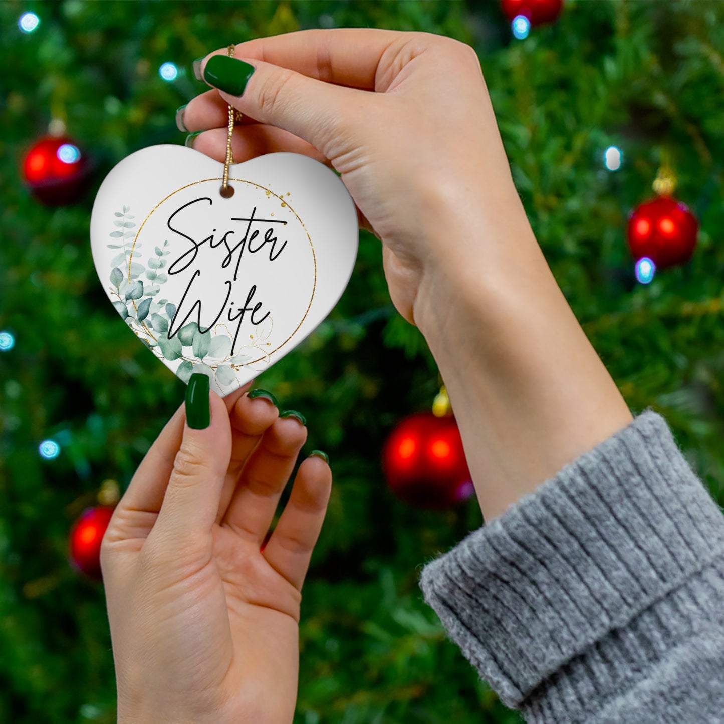 Sister Wife Floral Ceramic Ornament, Personalized Holiday Decor, Family Gift, Christmas Decoration, Home Ornament