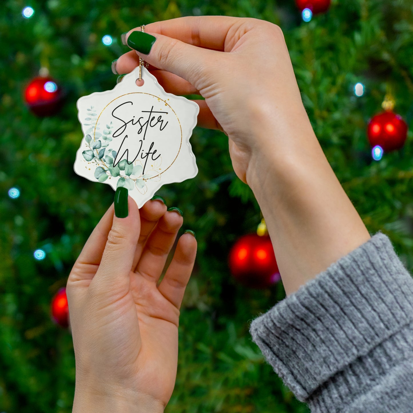 Sister Wife Floral Ceramic Ornament, Personalized Holiday Decor, Family Gift, Christmas Decoration, Home Ornament