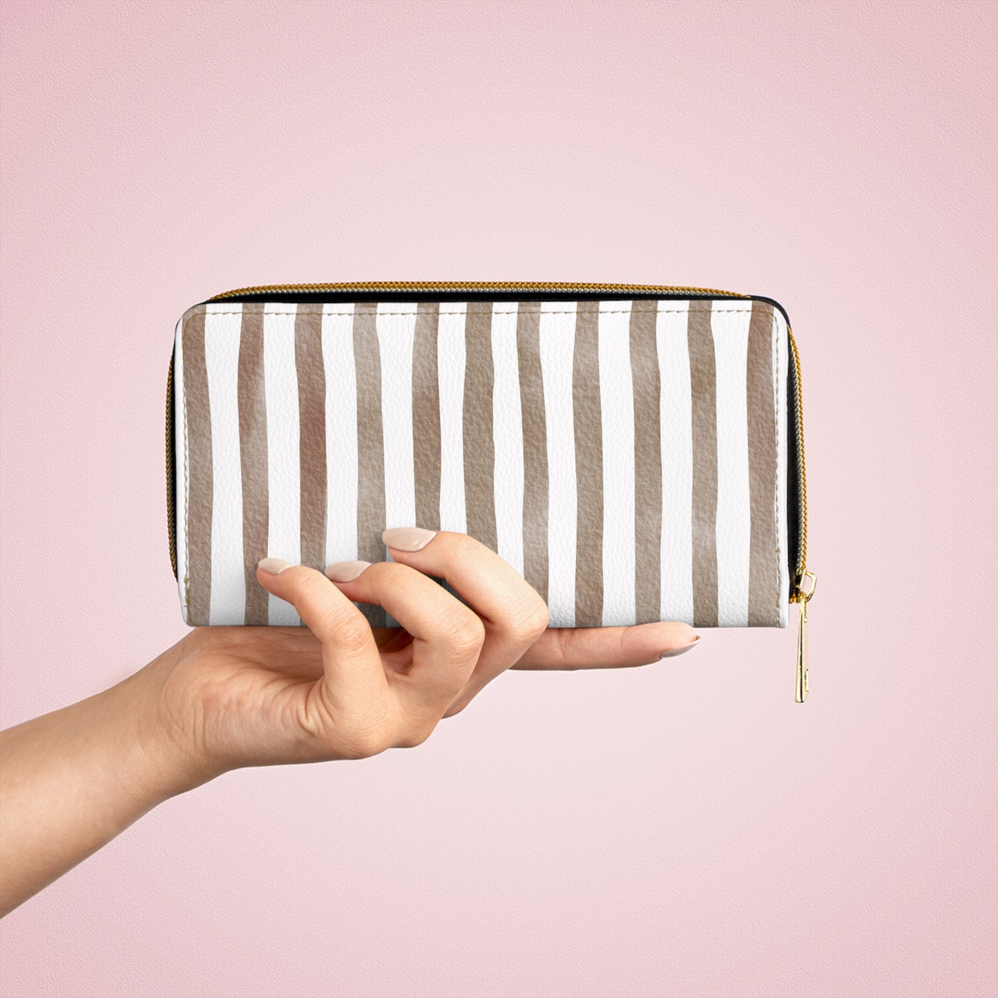 Stripe Zip Up Wallet – Polyamory Sisterwives ENM Friendly Wallet | Swinger Lifestyle Accessory | Minimalist Blush Stripe Zipper Wallet