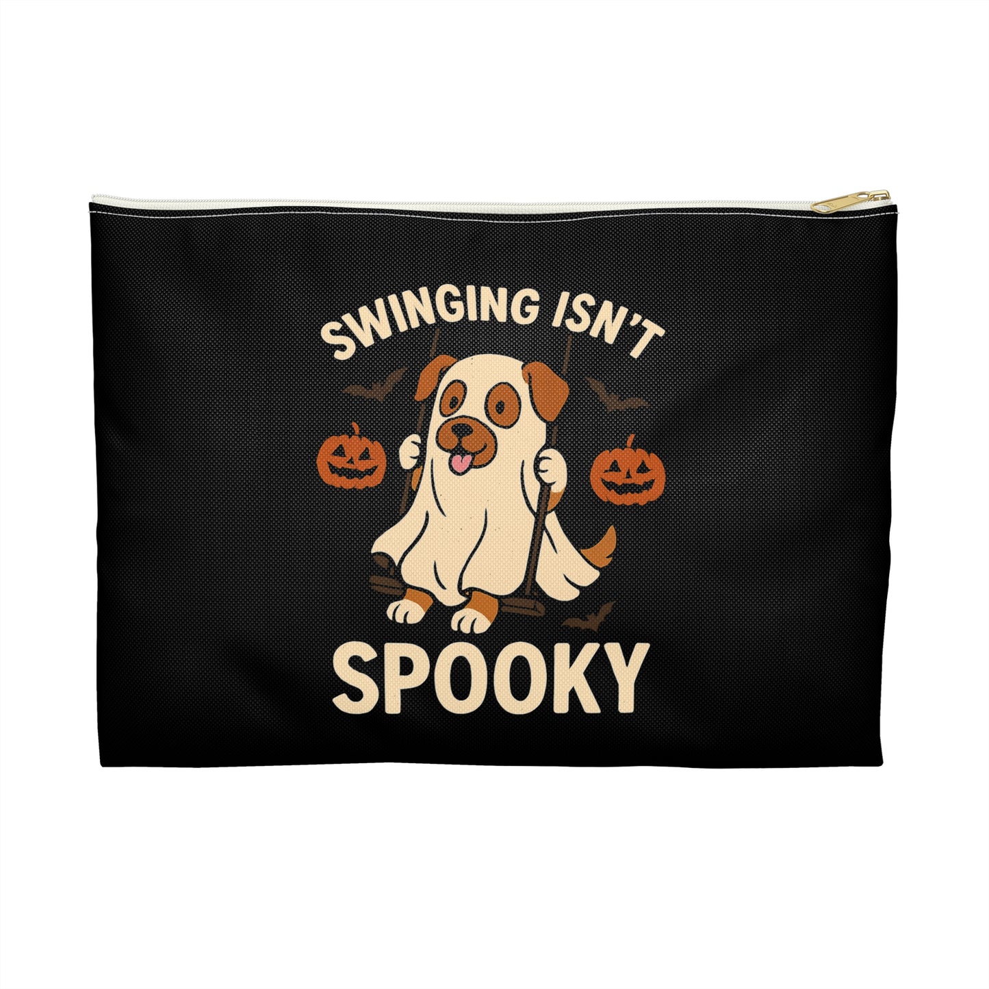 Swinging Isn’t Spooky Ghost Dog Halloween Pouch – Cute Skeleton Design for Trick-or-Treat, Parties & Gifting