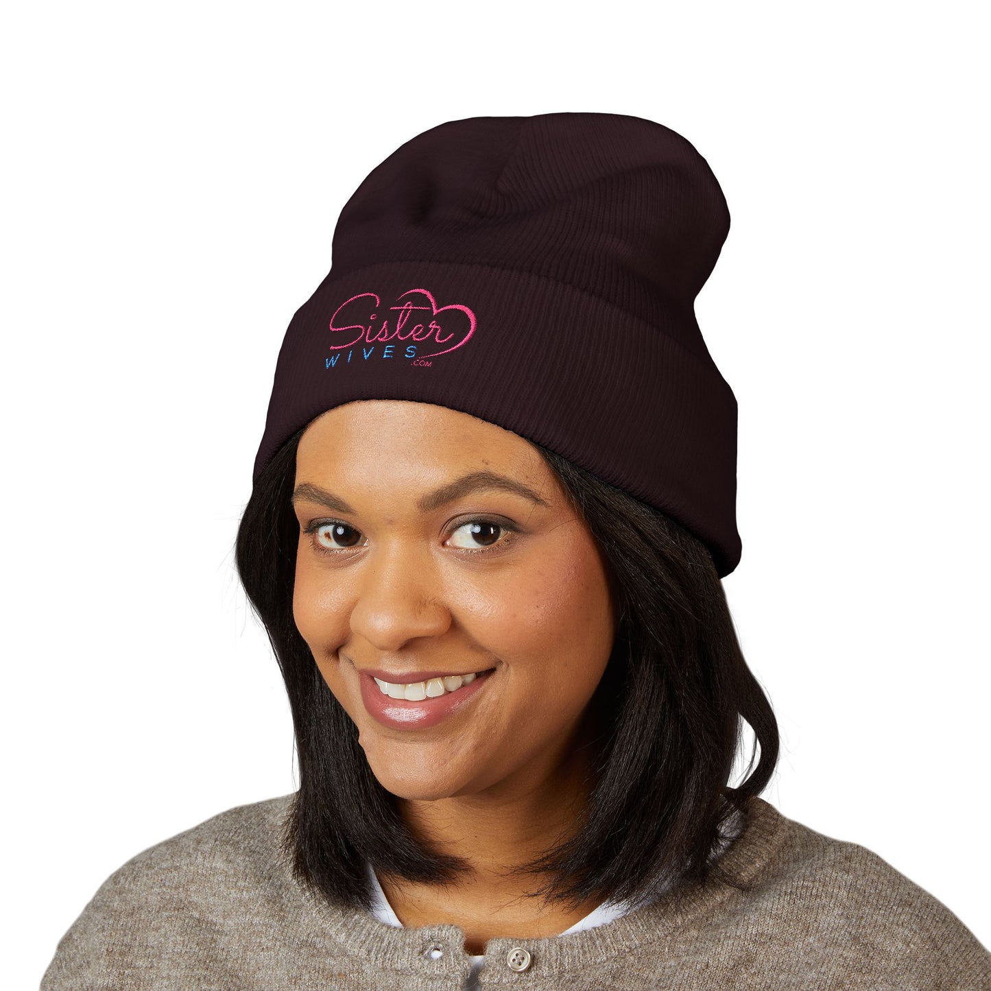 SisterWives Logo Embroidered Cuffed Beanie, Cozy Hat for Family Gatherings, Winter Wear, Holiday Gift, Fashion Accessory