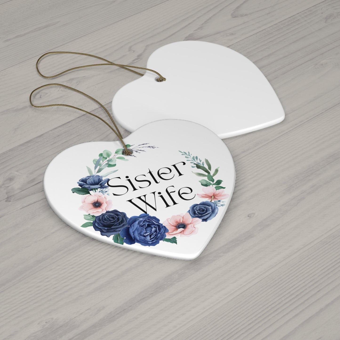 Sister Wife Blue Floral Ceramic Ornament, Personalized Holiday Decor, Family Gift, Christmas Decoration, Home Ornament