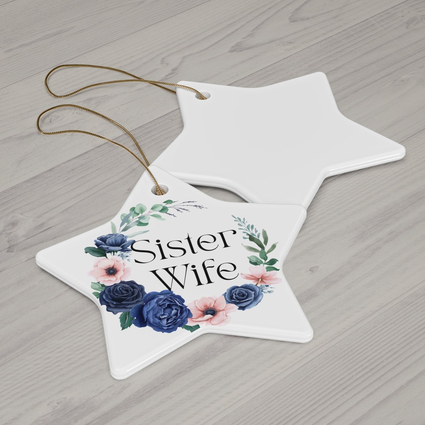 Sister Wife Blue Floral Ceramic Ornament, Personalized Holiday Decor, Family Gift, Christmas Decoration, Home Ornament