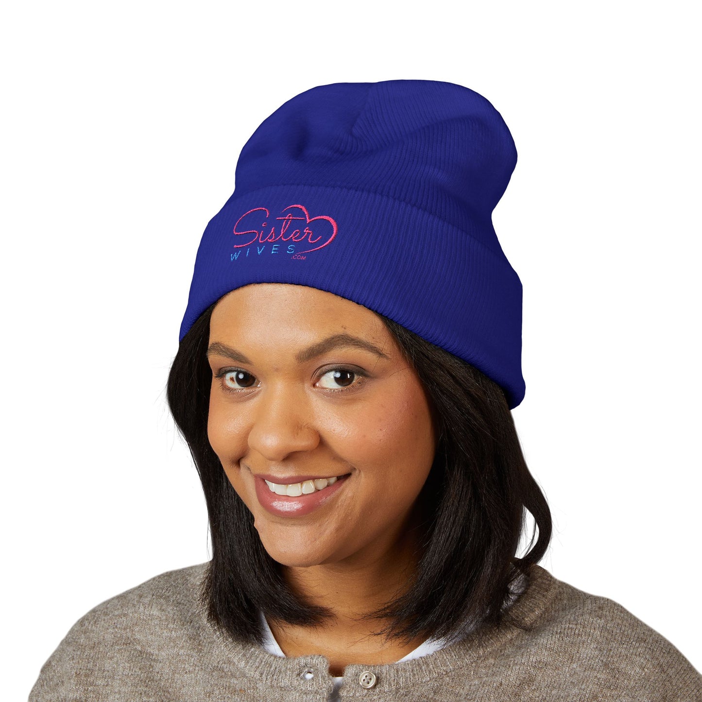 SisterWives Logo Embroidered Cuffed Beanie, Cozy Hat for Family Gatherings, Winter Wear, Holiday Gift, Fashion Accessory