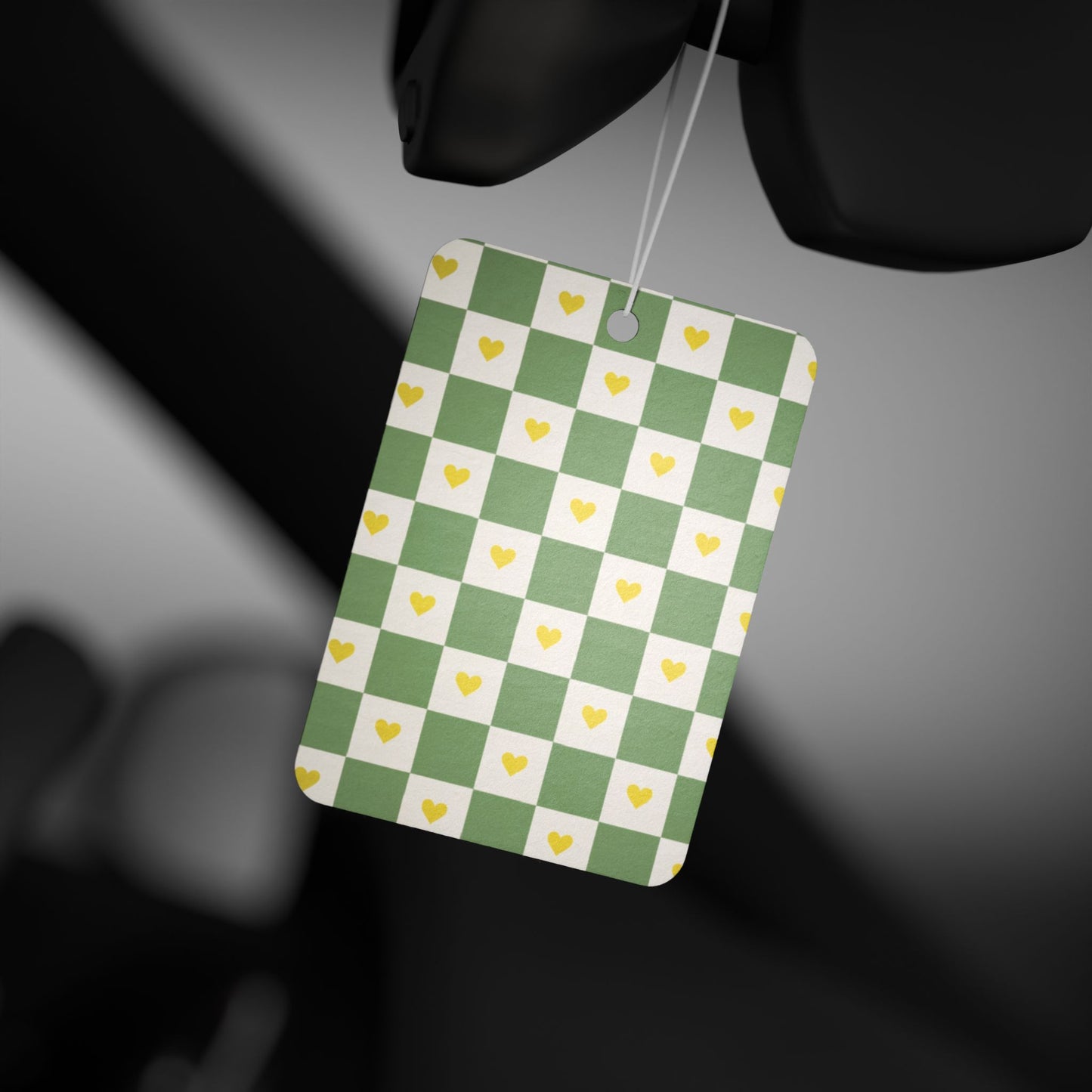 Green Checkered Heart Car Air Freshener – Cute Sage Aesthetic Hanging Diffuser | Pine, New Car & Black Ice Scents