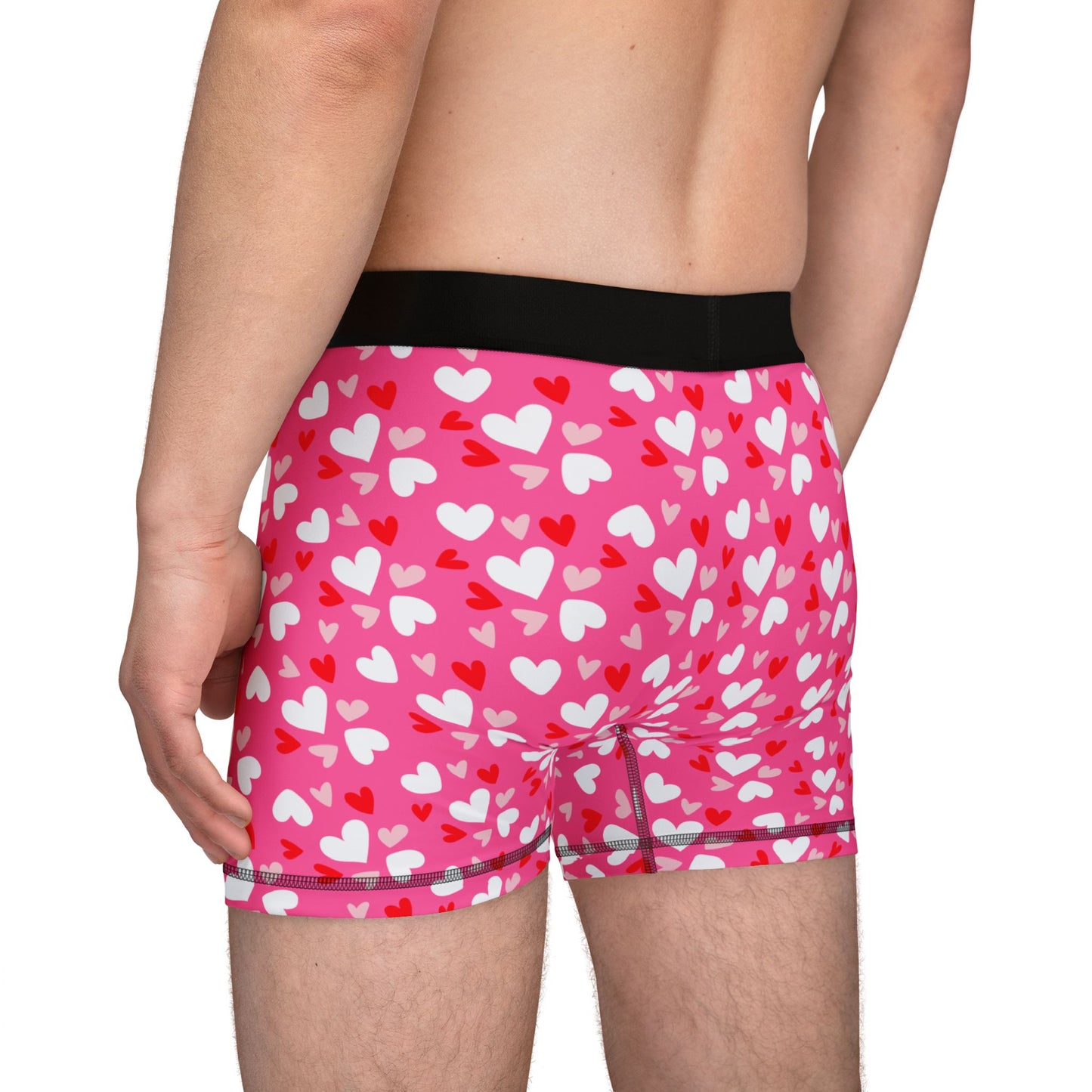Pink Men’s Heart Print Boxer Briefs – Polyamory & Swinger Friendly Underwear, ENM Pride Boxers, Matching Couples & Pairs Available