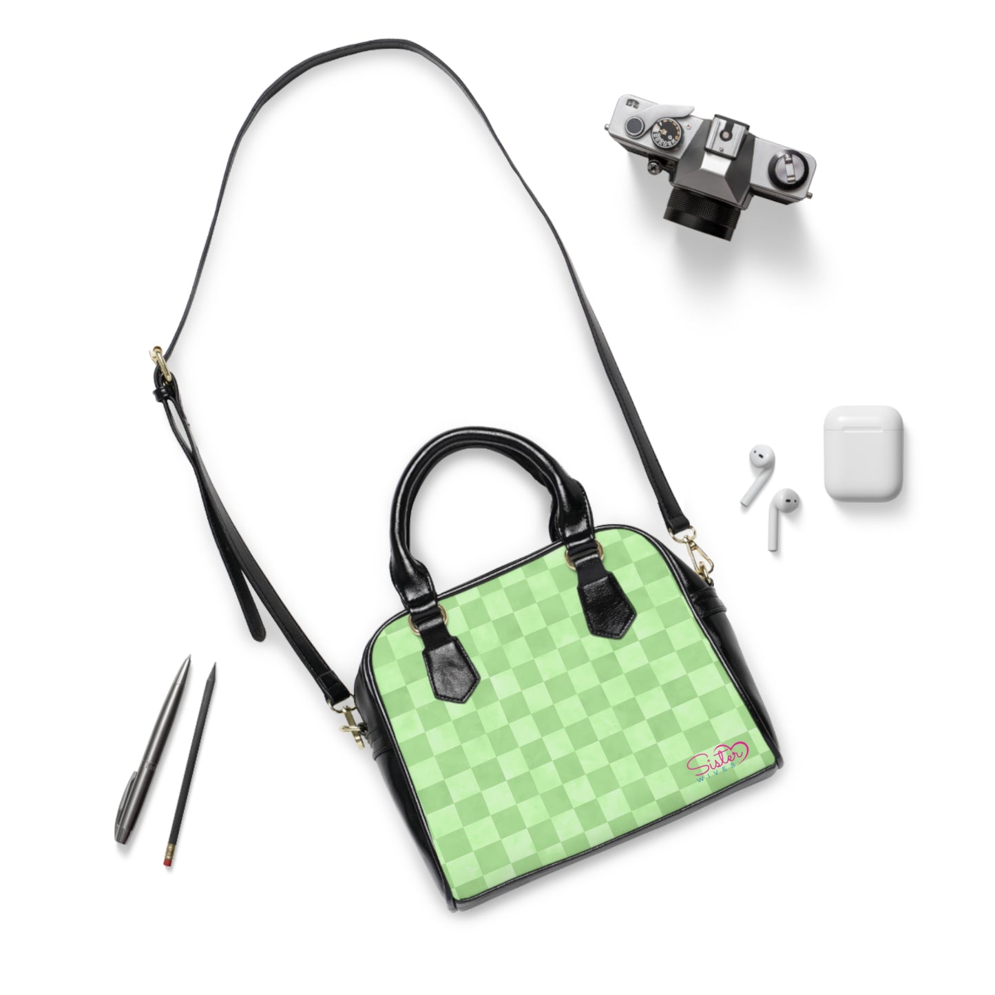 Green Checkered Shoulder Handbag – Modern Geometric PU Leather Purse, Polyamory & ENM Friendly Fashion Bag, Love-Positive Gift