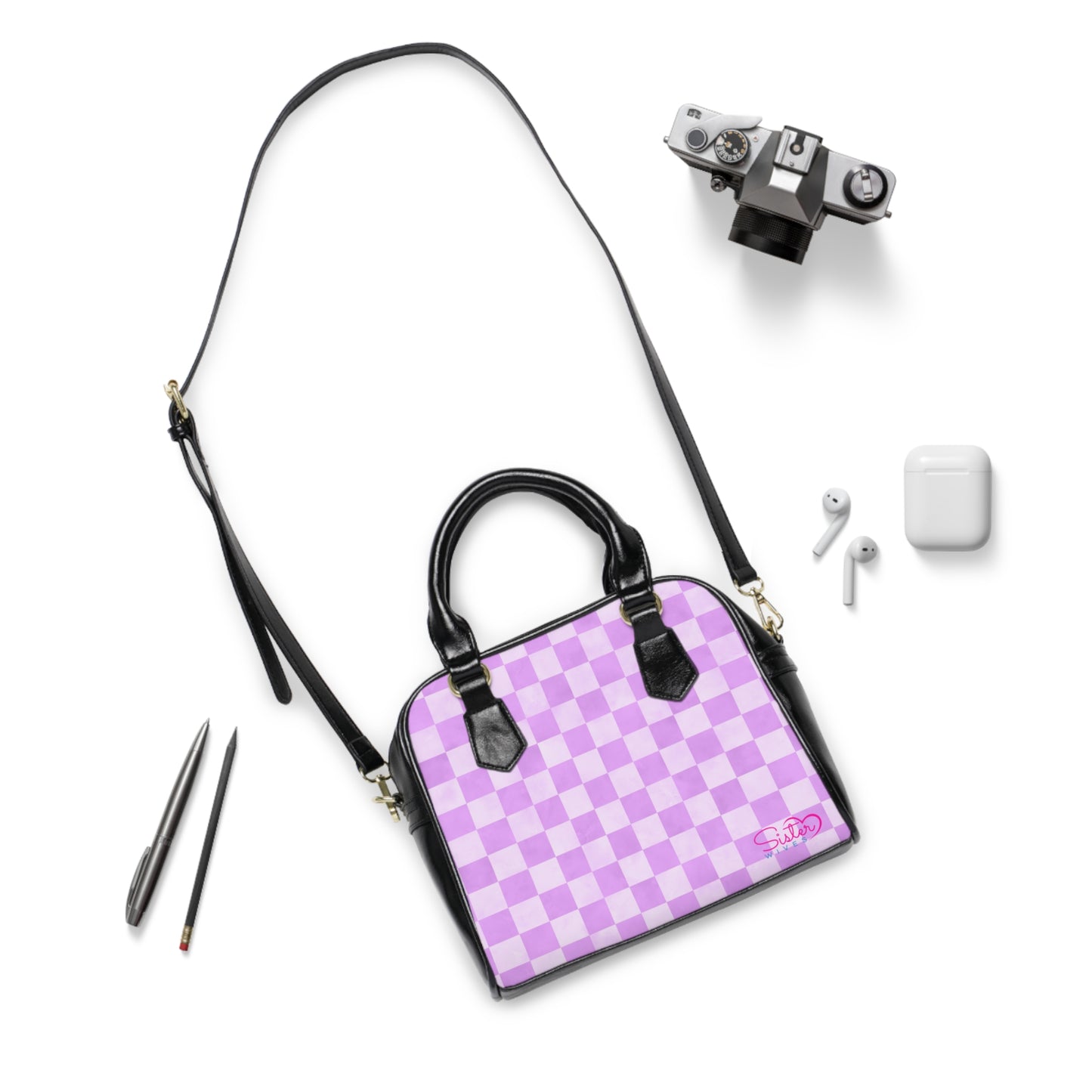 Lavender Checkered Shoulder Handbag – Purple Checkerboard PU Leather Purse, Polyamory & ENM Friendly Fashion Bag, Love-Positive Gift
