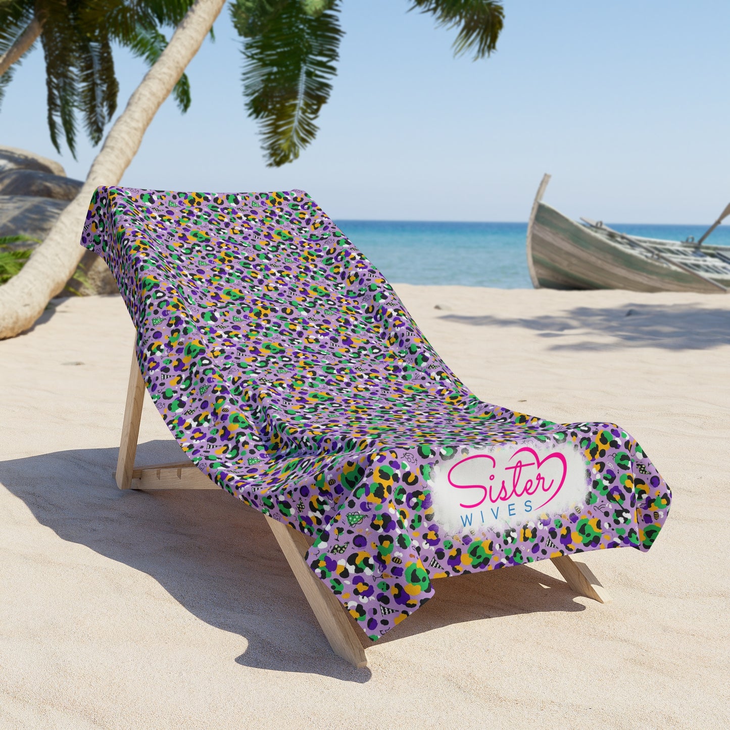 Mardi Gras Cheetah Print Beach Towel | Polyamory ENM Friendly | Matching Couple & Throuple Towel | Festival Cruise Pool & Resort Towel