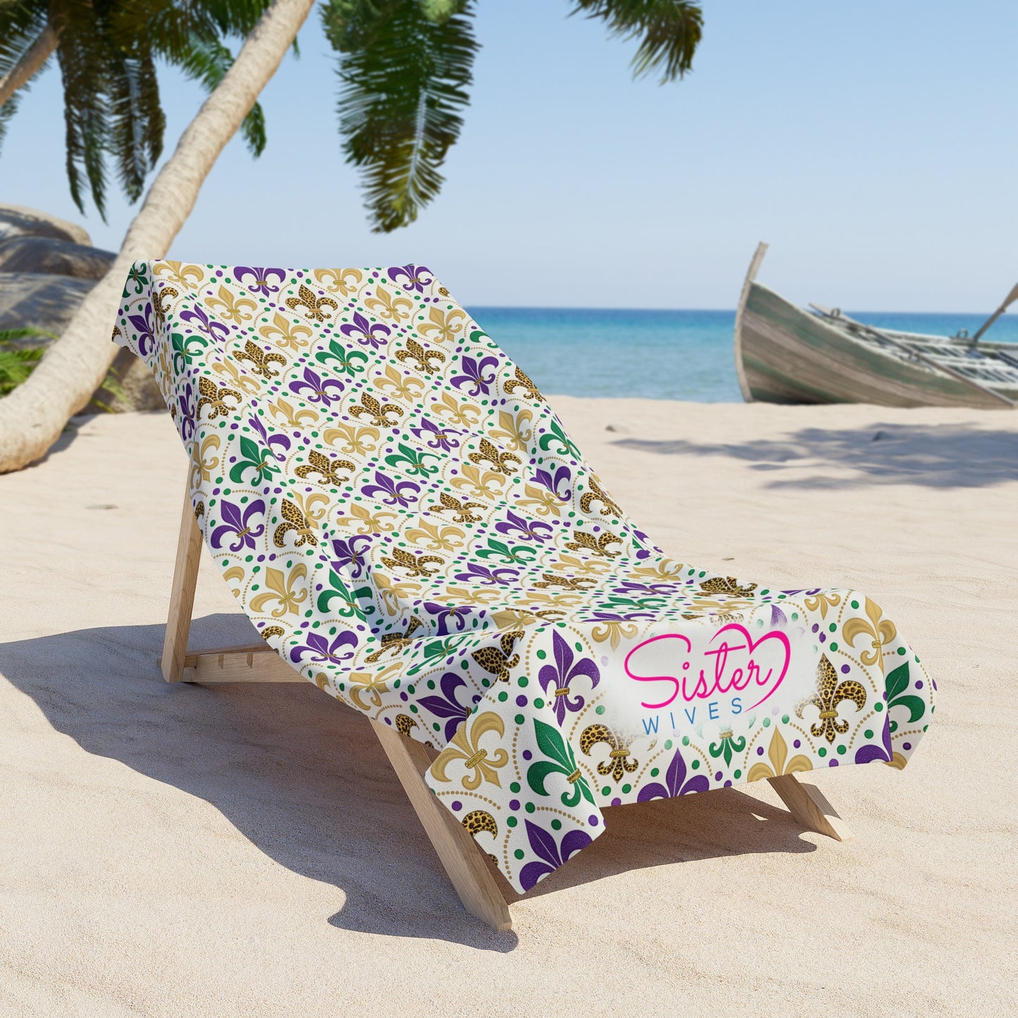 Mardi Gras Cheetah Print Beach Towel | Polyamory ENM Friendly | Matching Couple & Throuple Towel | Festival Cruise Pool & Resort Towel
