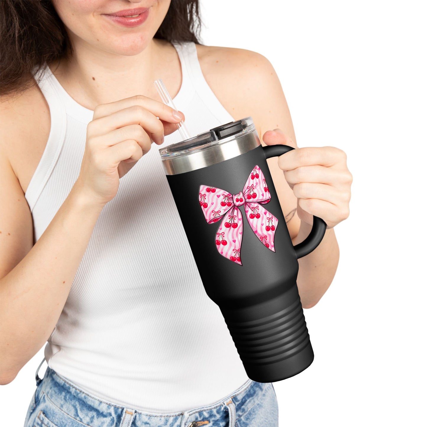 Pink Bow 40oz Insulated Travel Mug – Coquette Aesthetic Stainless Steel Tumbler with Straw | Cute Feminine BPA-Free Cup