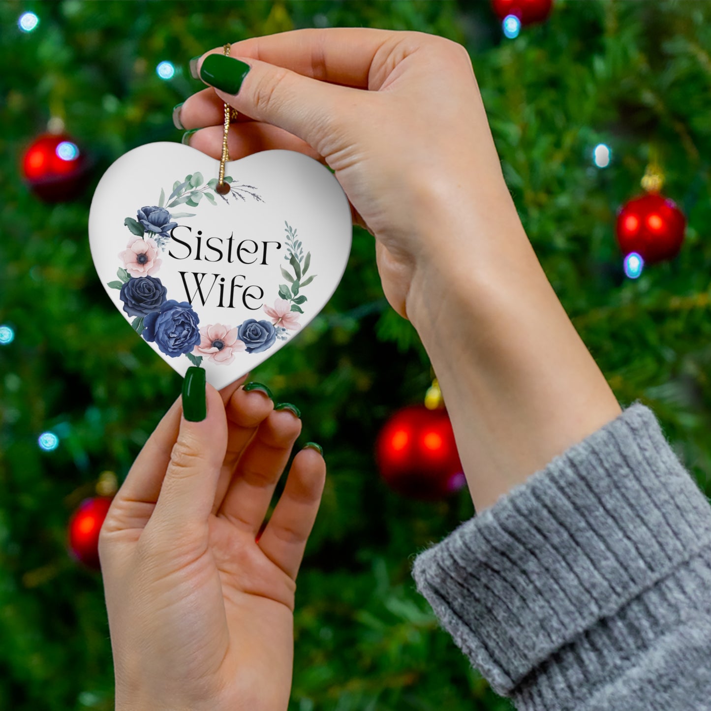 Sister Wife Blue Floral Ceramic Ornament, Personalized Holiday Decor, Family Gift, Christmas Decoration, Home Ornament