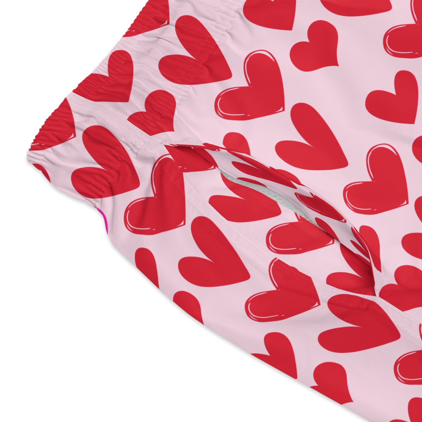Men’s Valentine’s Heart Swim Trunks – Red Heart Print Board Shorts, Polyamory & ENM Friendly Swimwear, Fast-Dry Summer Shorts