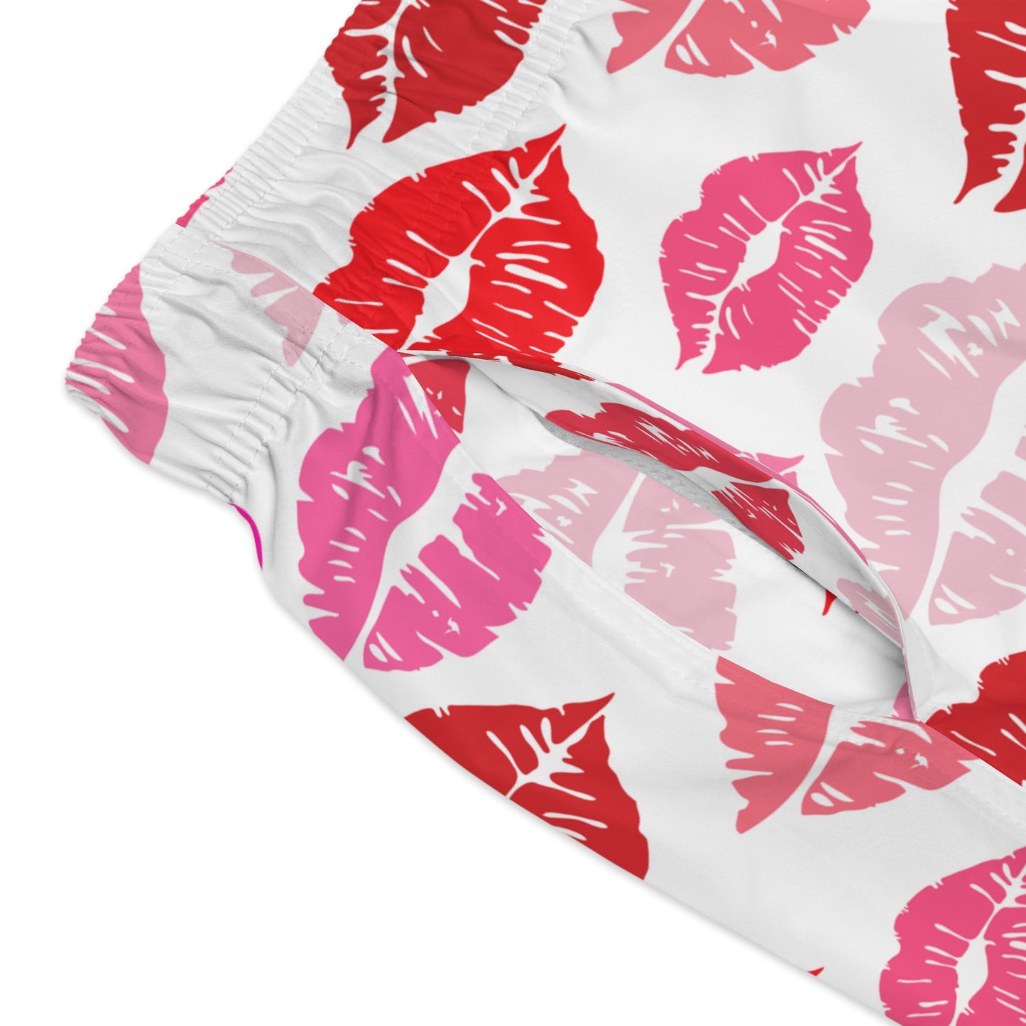 Men’s Valentine’s Kiss Swim Trunks – Lip Print Board Shorts, Polyamory & ENM Friendly Swimwear, Fast-Dry Summer Shorts