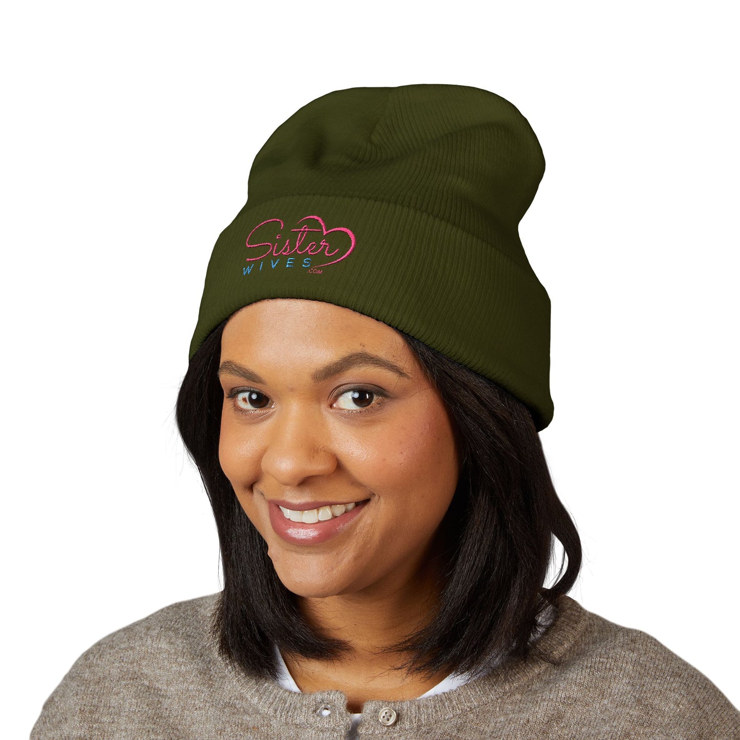 SisterWives Logo Embroidered Cuffed Beanie, Cozy Hat for Family Gatherings, Winter Wear, Holiday Gift, Fashion Accessory