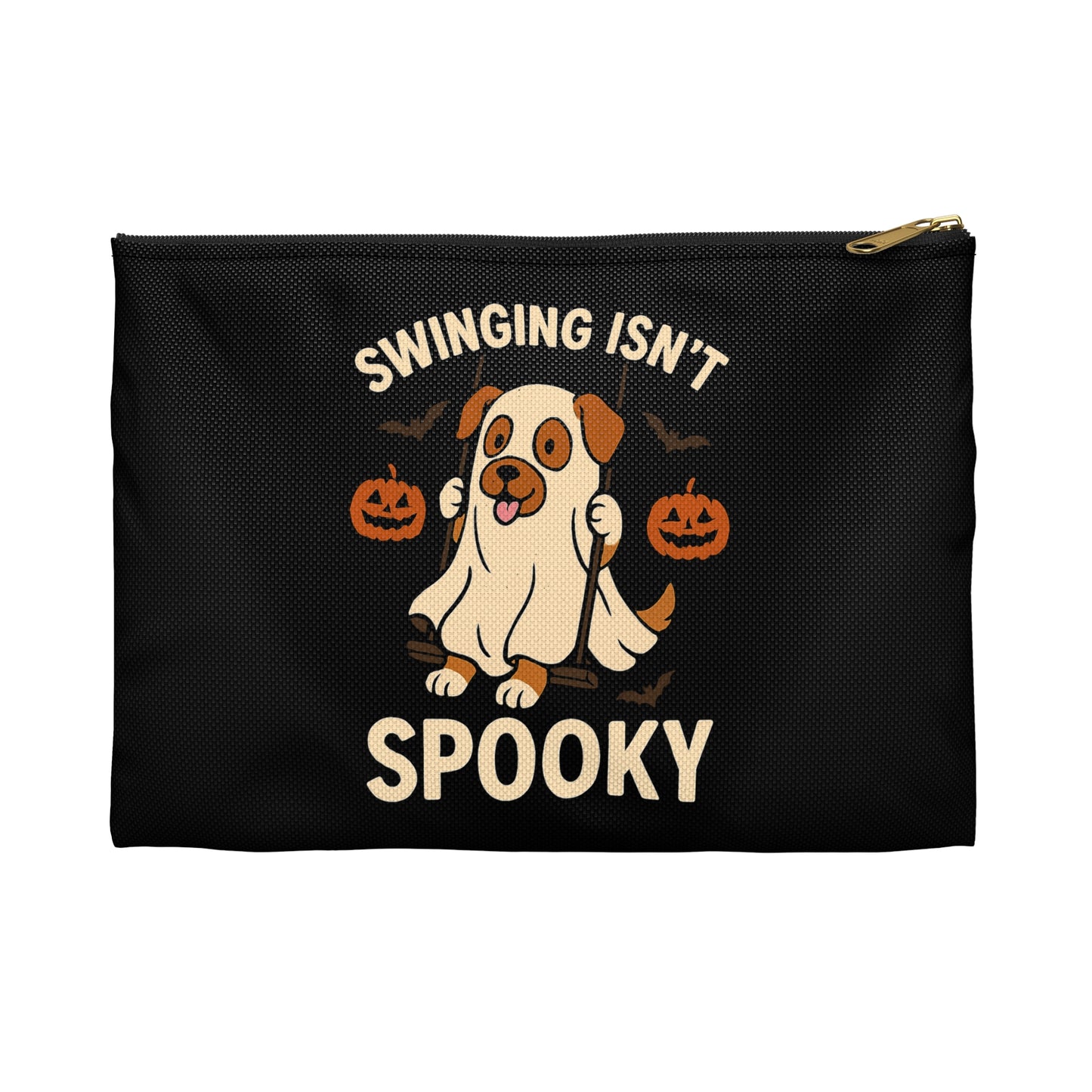 Swinging Isn’t Spooky Ghost Dog Halloween Pouch – Cute Skeleton Design for Trick-or-Treat, Parties & Gifting