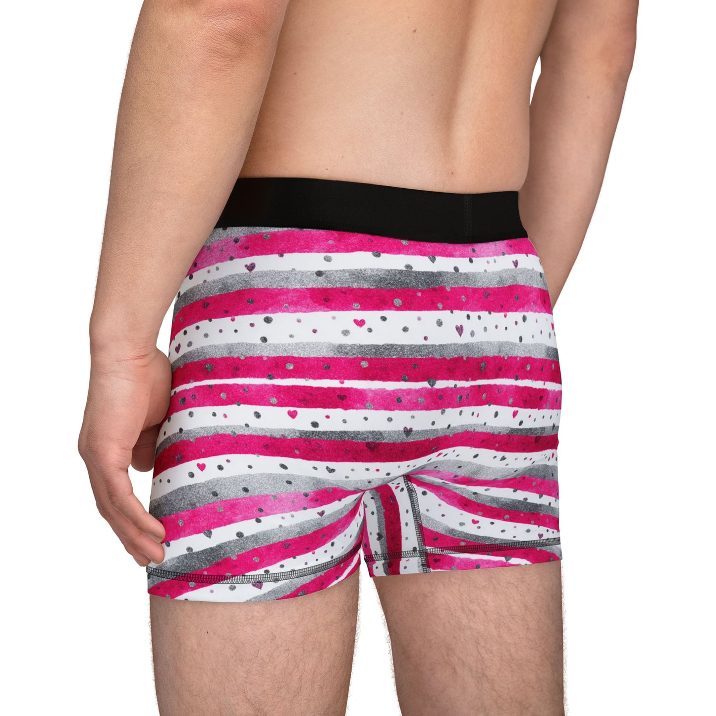 Men’s Valentine’s Heart Stripe Boxer Briefs – Pink & Gray Striped Boxers, Polyamory & Swinger Friendly Underwear, ENM Pride, Matching Couples Sets Available