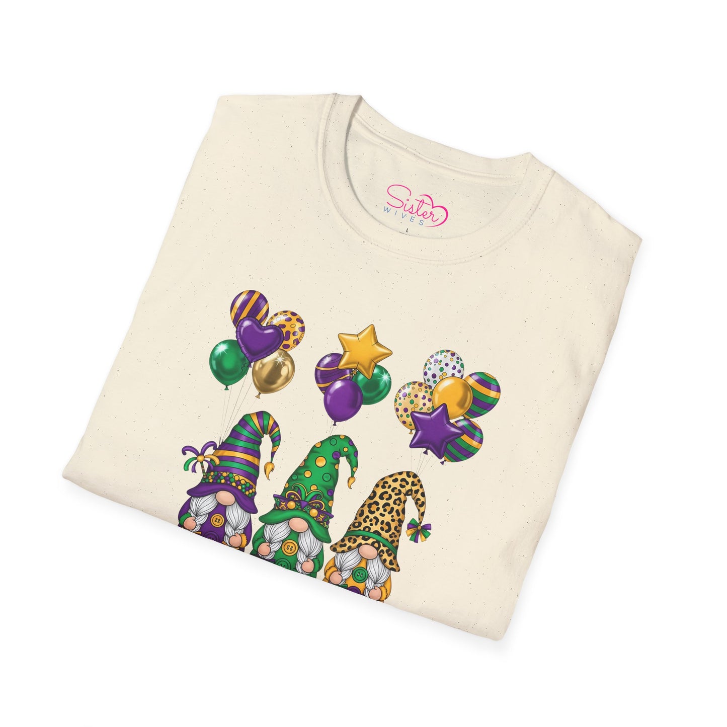 Mardi Gras Throuple Gnome T-Shirt | Polyamory ENM Pride Tee | Festive Gnome Graphic Shirt | Chosen Family Swinger Lifestyle Apparel