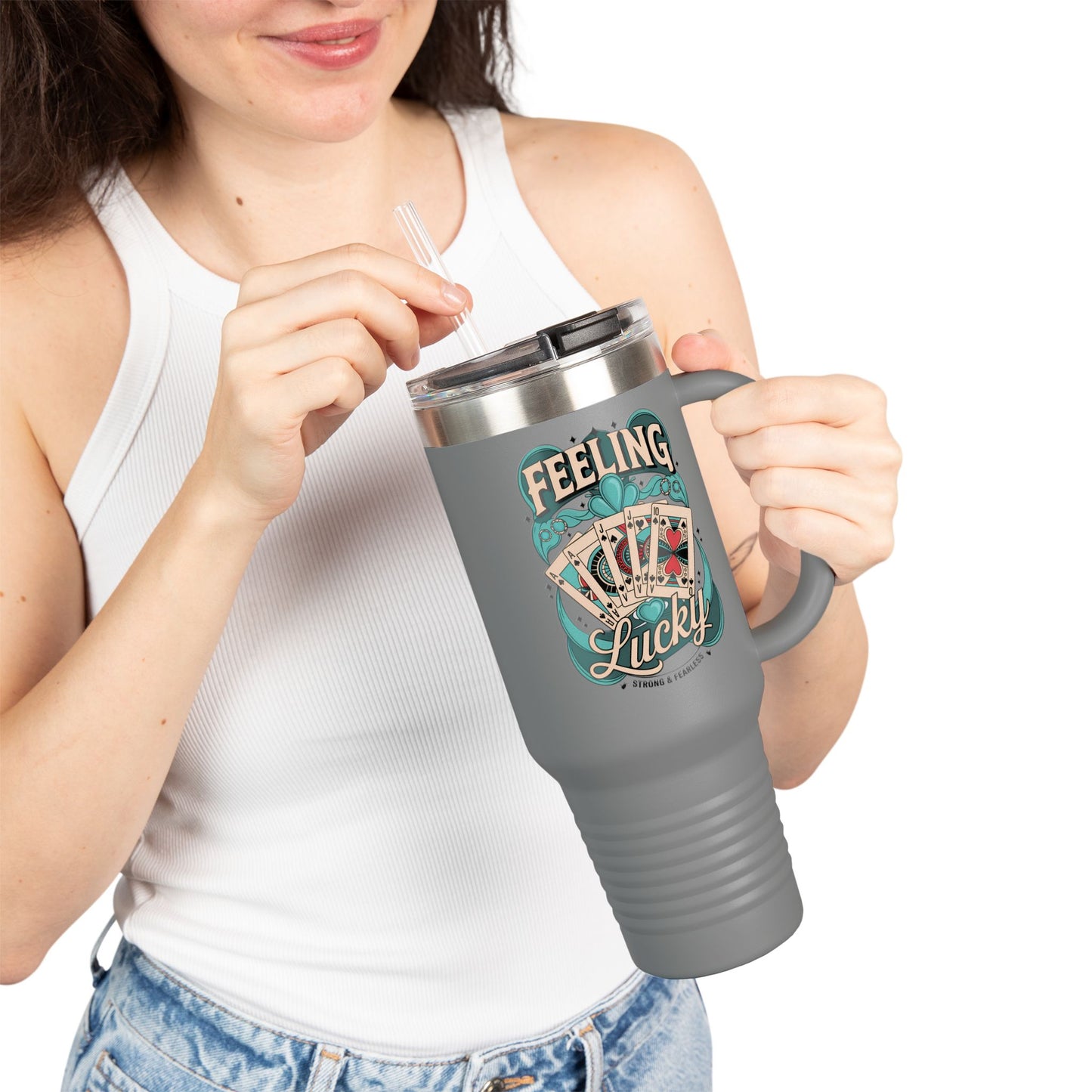 Feeling Lucky 40oz Insulated Travel Mug – Vintage Playing Card Lucky Charm Tumbler with Straw | Stainless Steel BPA-Free Cup