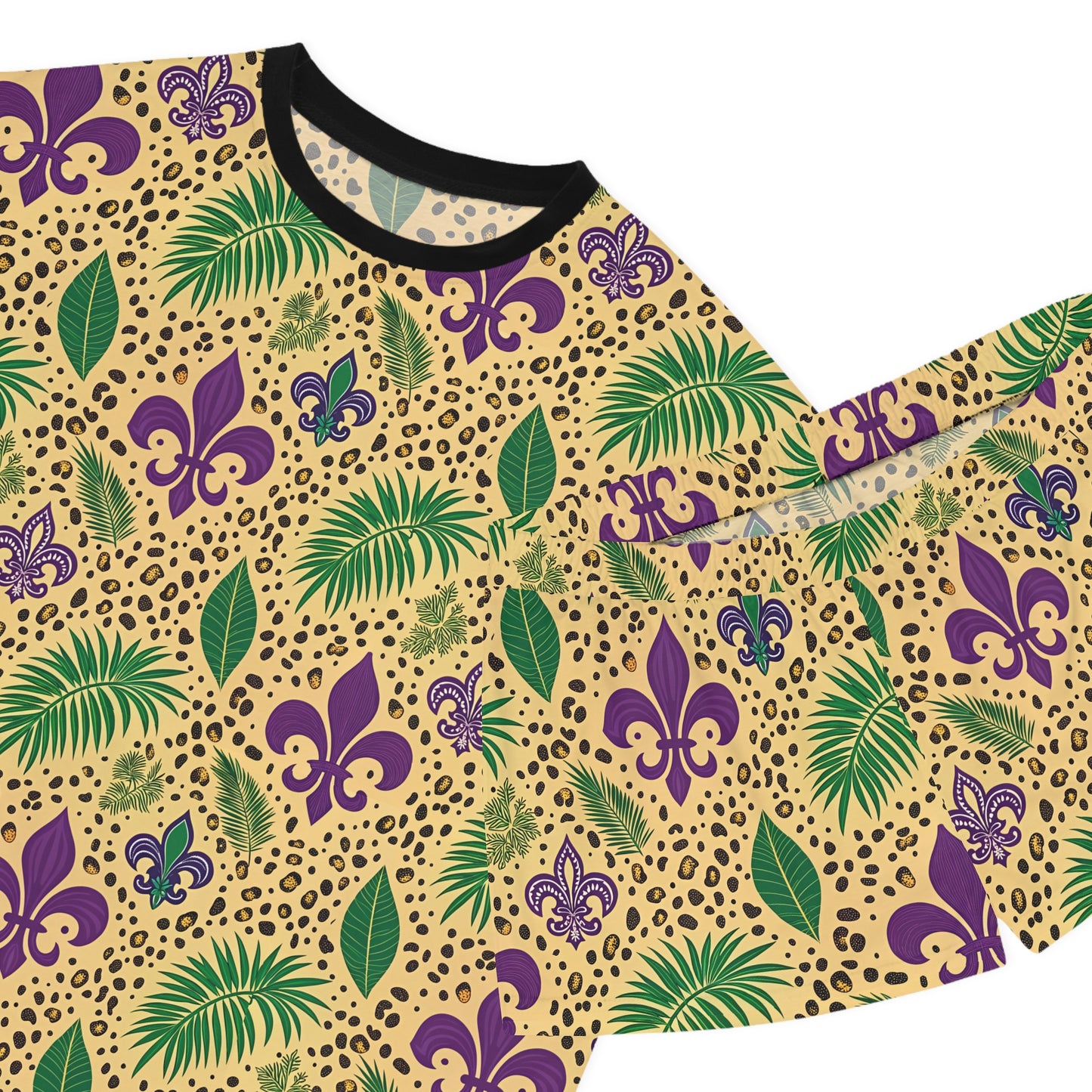 Mardi Gras Leopard Print Pajama Set – Animal Print Short Sleeve Sleepwear, Polyamory Friendly ENM Lounge Set, Bold Festival Pajamas