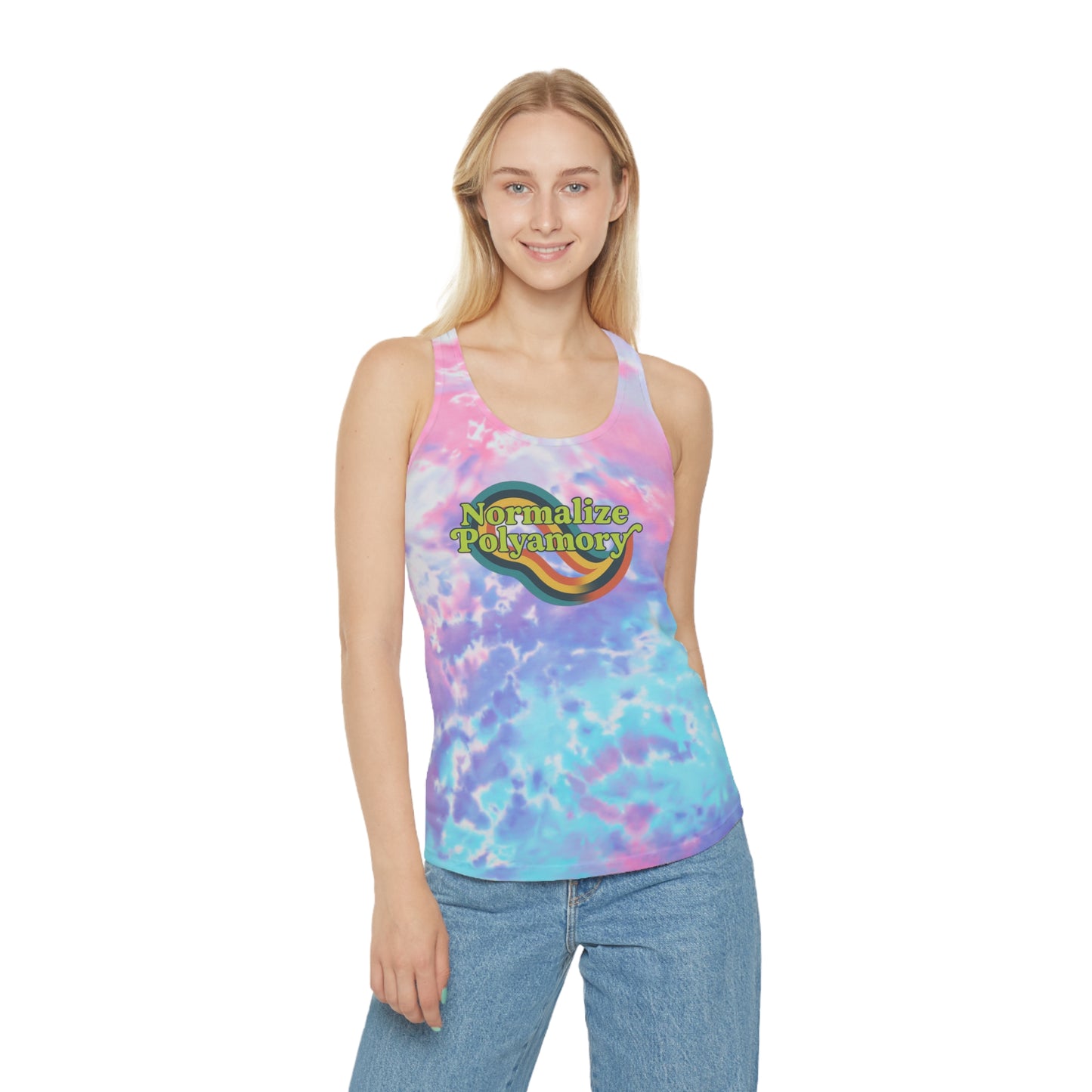 Normalize Polyamory Retro Tie Dye Racerback Tank Top, ethical nonmonogamy, Sisterwives, Polyamory Tank Top