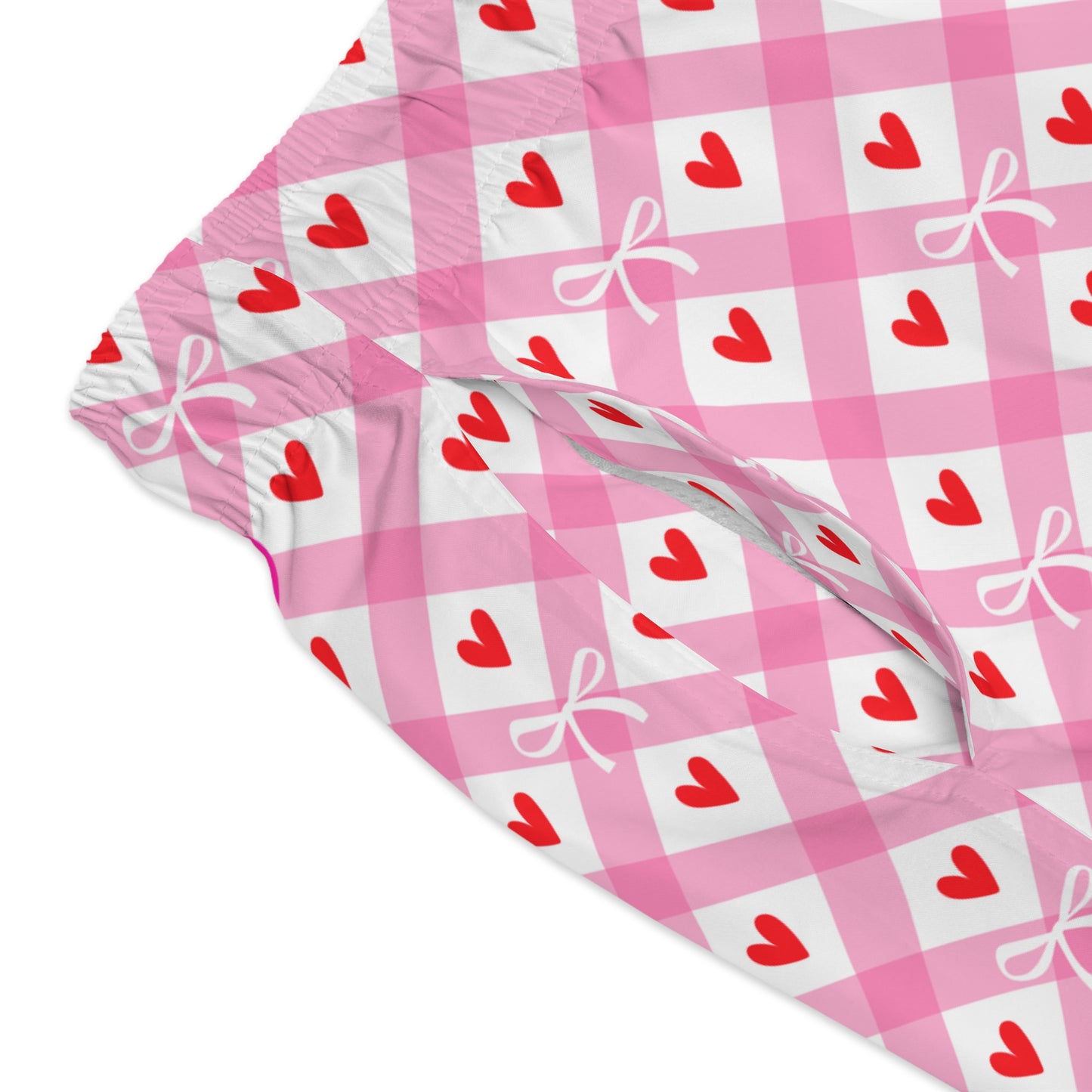Men’s Valentine’s Geometric Heart Swim Trunks – Pink Heart Pattern Board Shorts, Polyamory & ENM Friendly Swimwear, Fast-Dry Summer Shorts