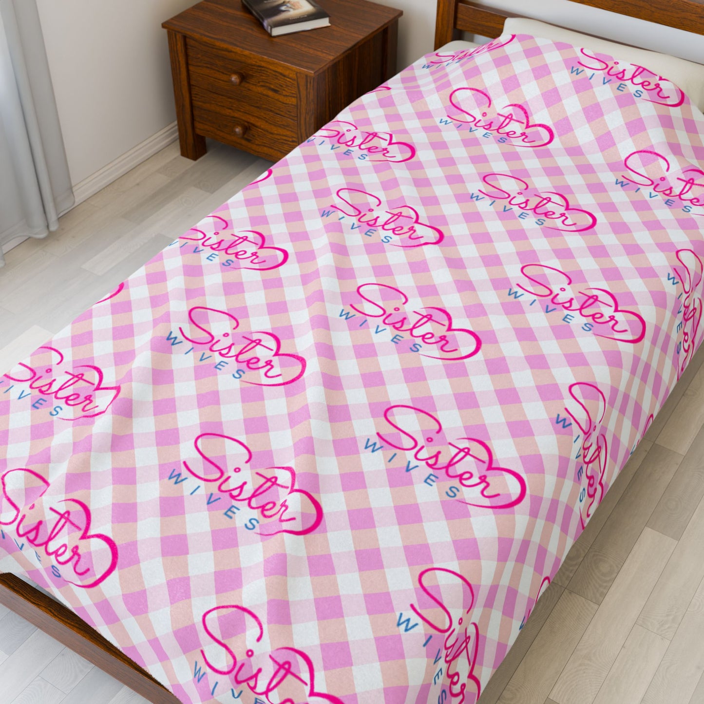 Sister Wives Light Pink Gingham Velveteen Plush Blanket