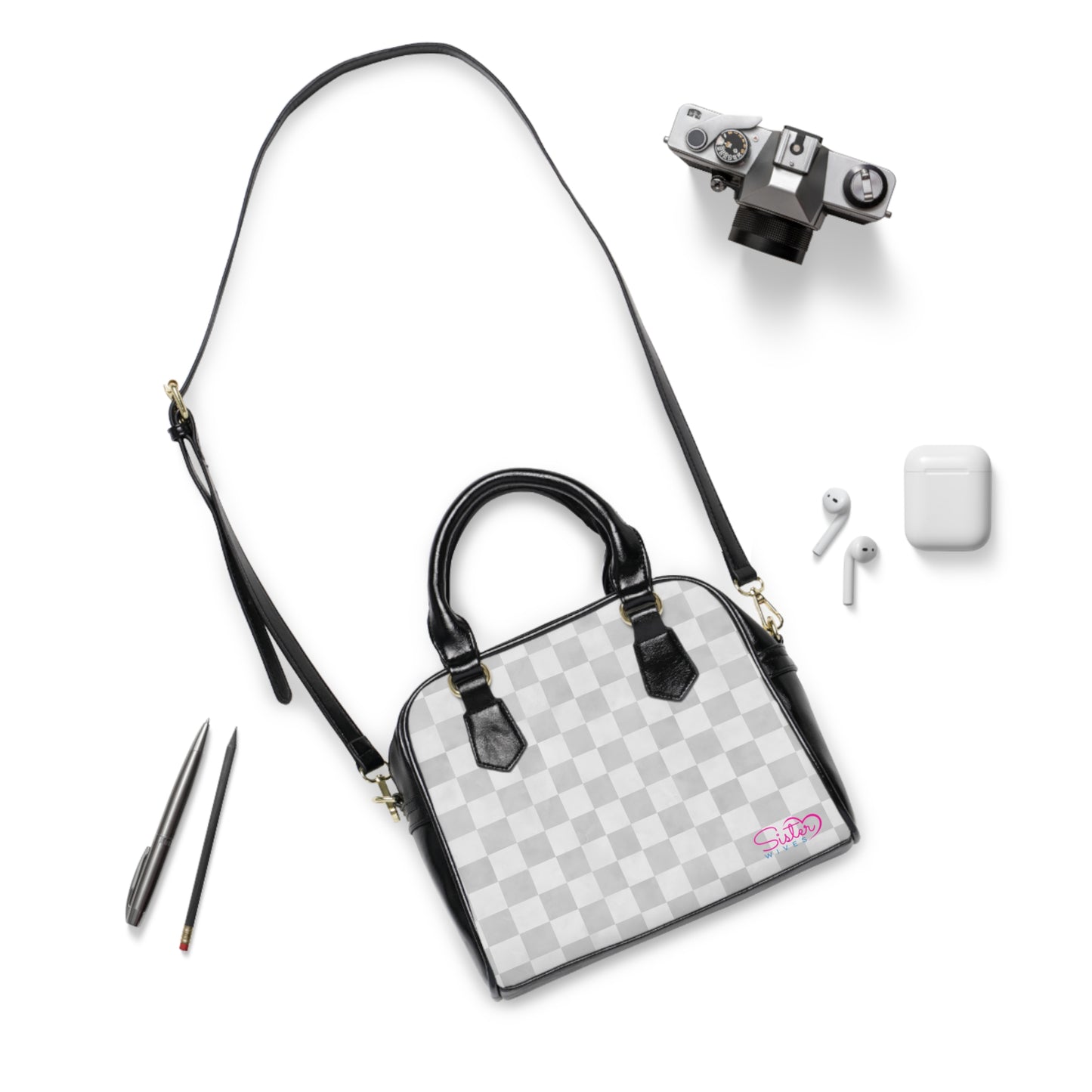 Gray Checkered Shoulder Handbag – Minimal Checkerboard PU Leather Purse, Polyamory & ENM Friendly Fashion Bag, Love-Positive Gift