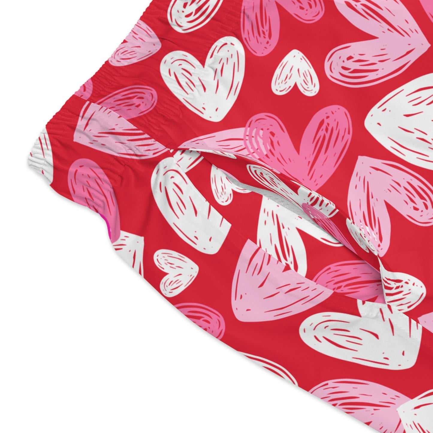 Red Men’s Valentine’s Heart Swim Trunks – Red Heart Print Board Shorts, Polyamory & ENM Friendly Swimwear, Fast-Dry Summer Shorts