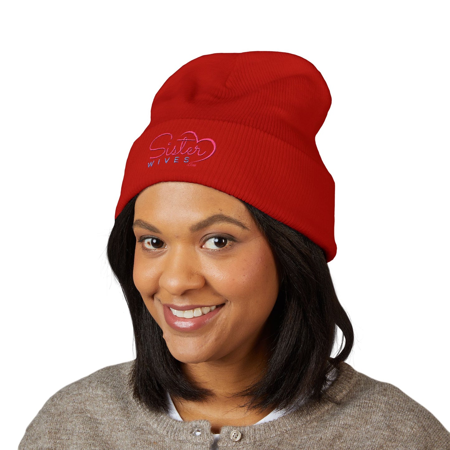 SisterWives Logo Embroidered Cuffed Beanie, Cozy Hat for Family Gatherings, Winter Wear, Holiday Gift, Fashion Accessory