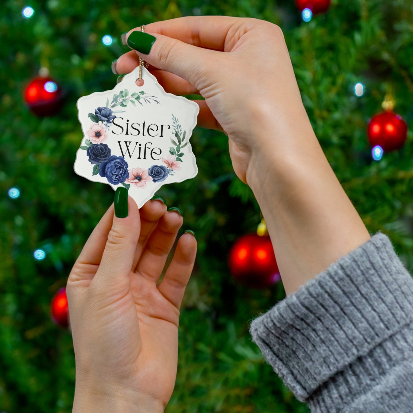 Sister Wife Blue Floral Ceramic Ornament, Personalized Holiday Decor, Family Gift, Christmas Decoration, Home Ornament