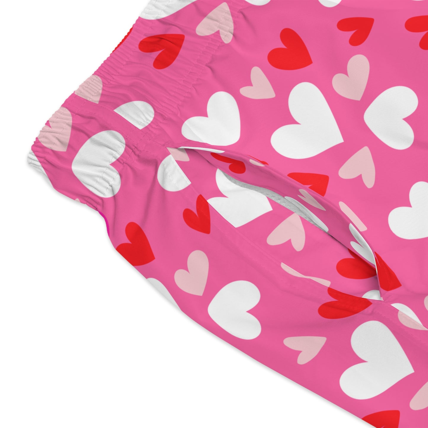 Men’s Valentine’s Heart Swim Trunks – Red Heart Print Board Shorts, Polyamory & ENM Friendly Swimwear, Fast-Dry Summer Shorts