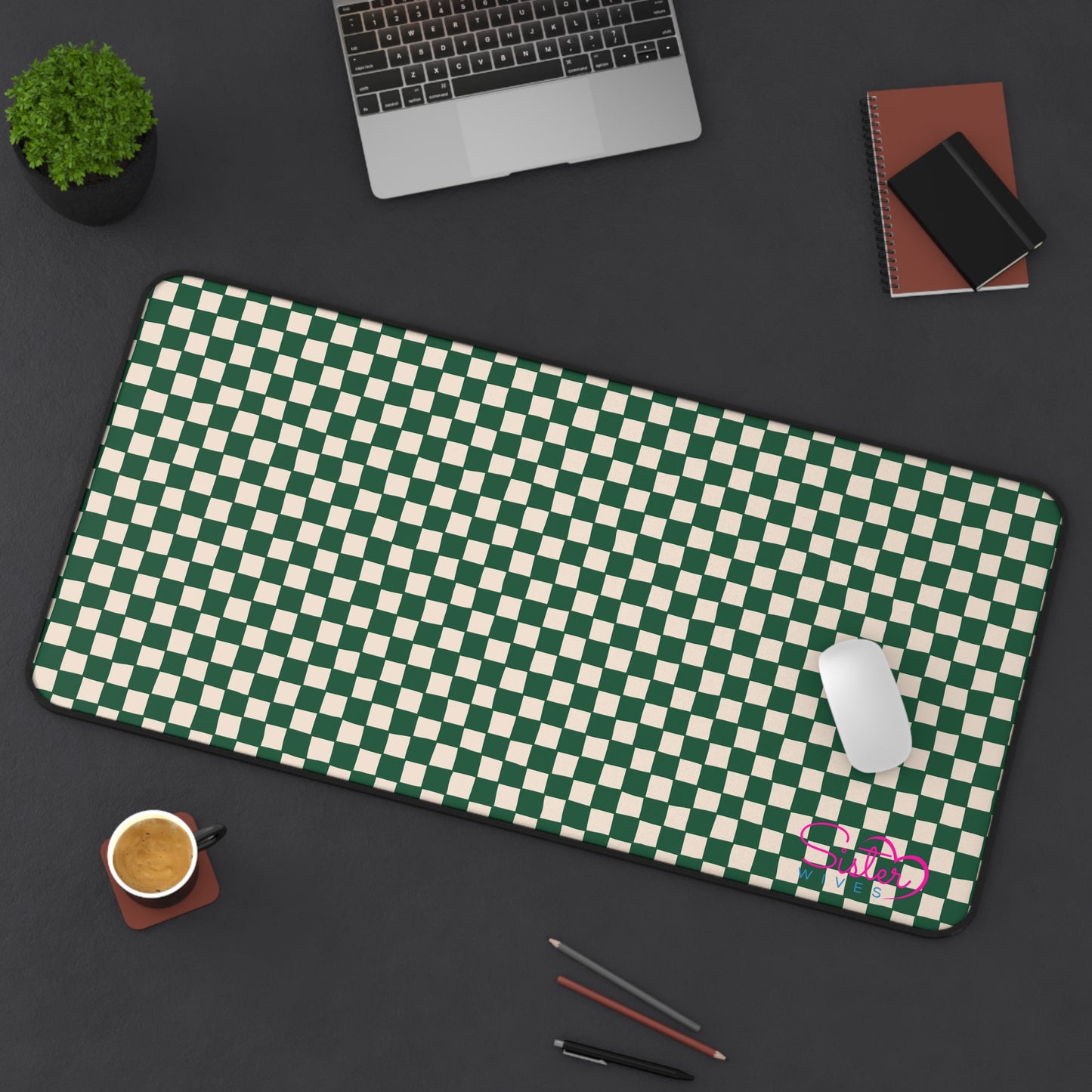 Green Checkered Desk Mat – Retro Checkerboard Mouse Pad, Neoprene Extended Desk Mat, Polyamory Friendly Office Decor, Love-Positive Workspace Accessory