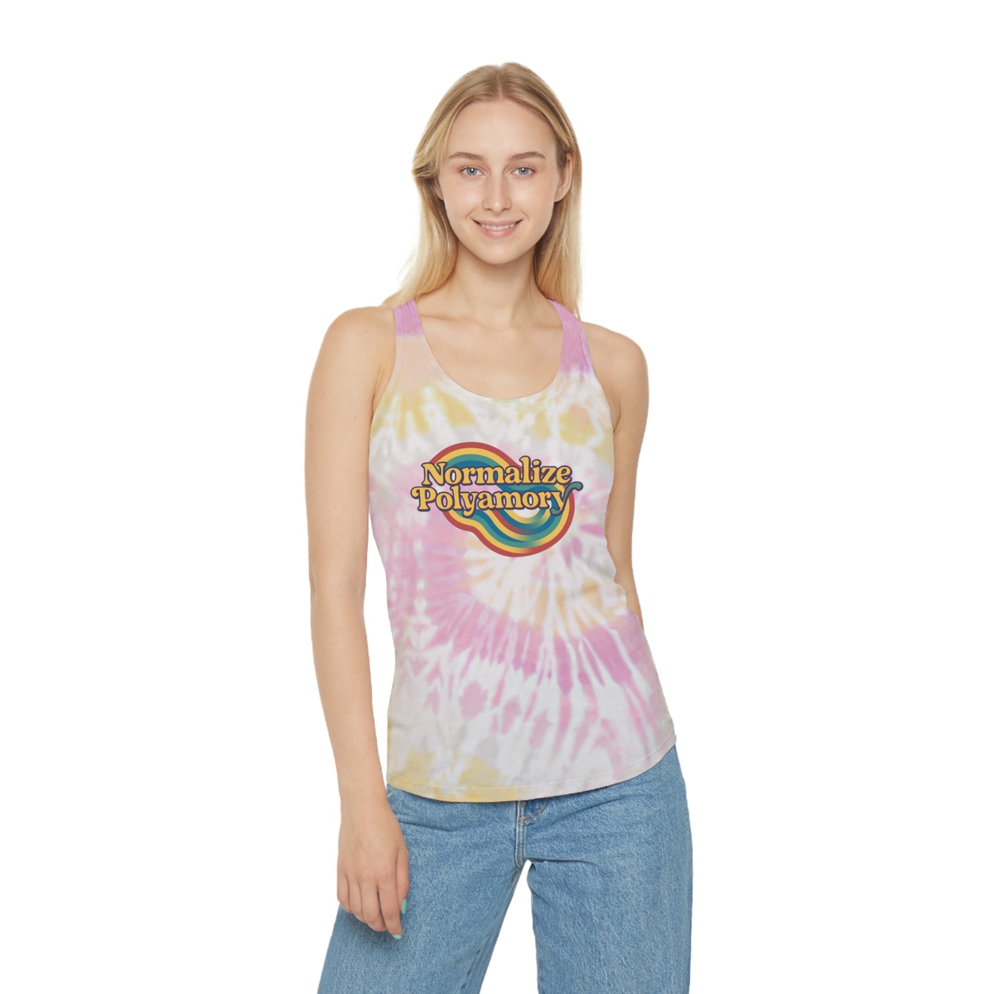 Normalize Polyamory Retro Tie Dye Racerback Tank Top, ethical nonmonogamy, Sisterwives, Polyamory Tank Top