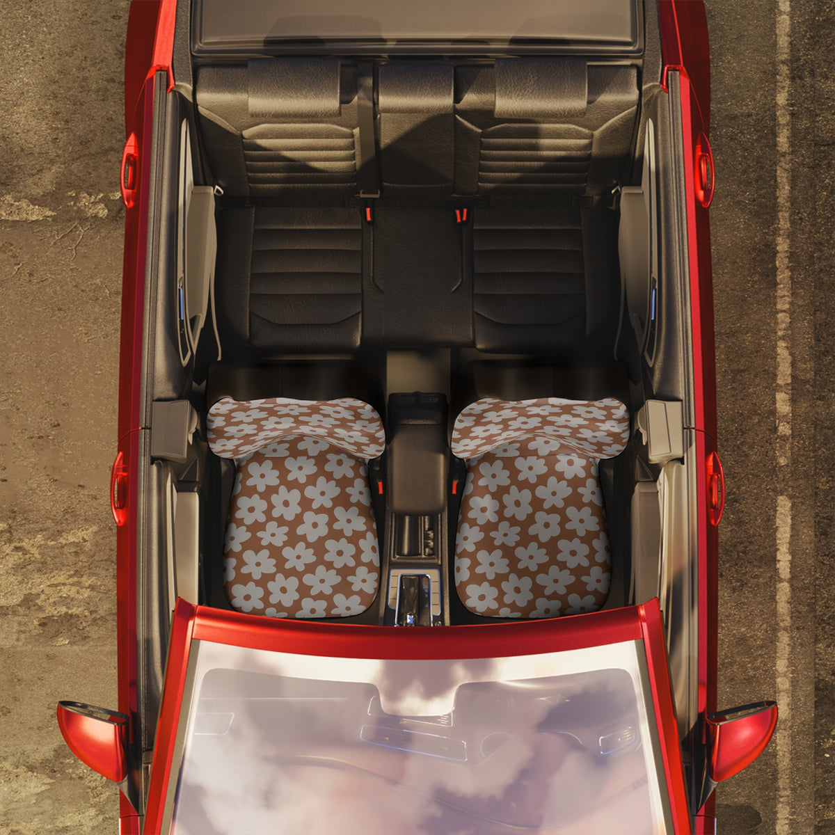 Brown Floral Car Seat Covers | Neutral Retro Daisy Auto Decor | Boho Cottagecore Seat Covers | Polyamory & ENM Friendly