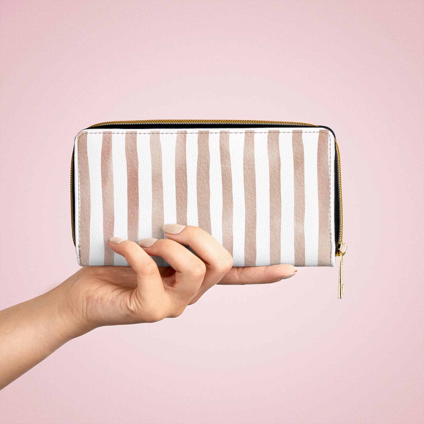 Stripe Zip Up Wallet – Polyamory Sisterwives ENM Friendly Wallet | Swinger Lifestyle Accessory | Minimalist Blush Stripe Zipper Wallet