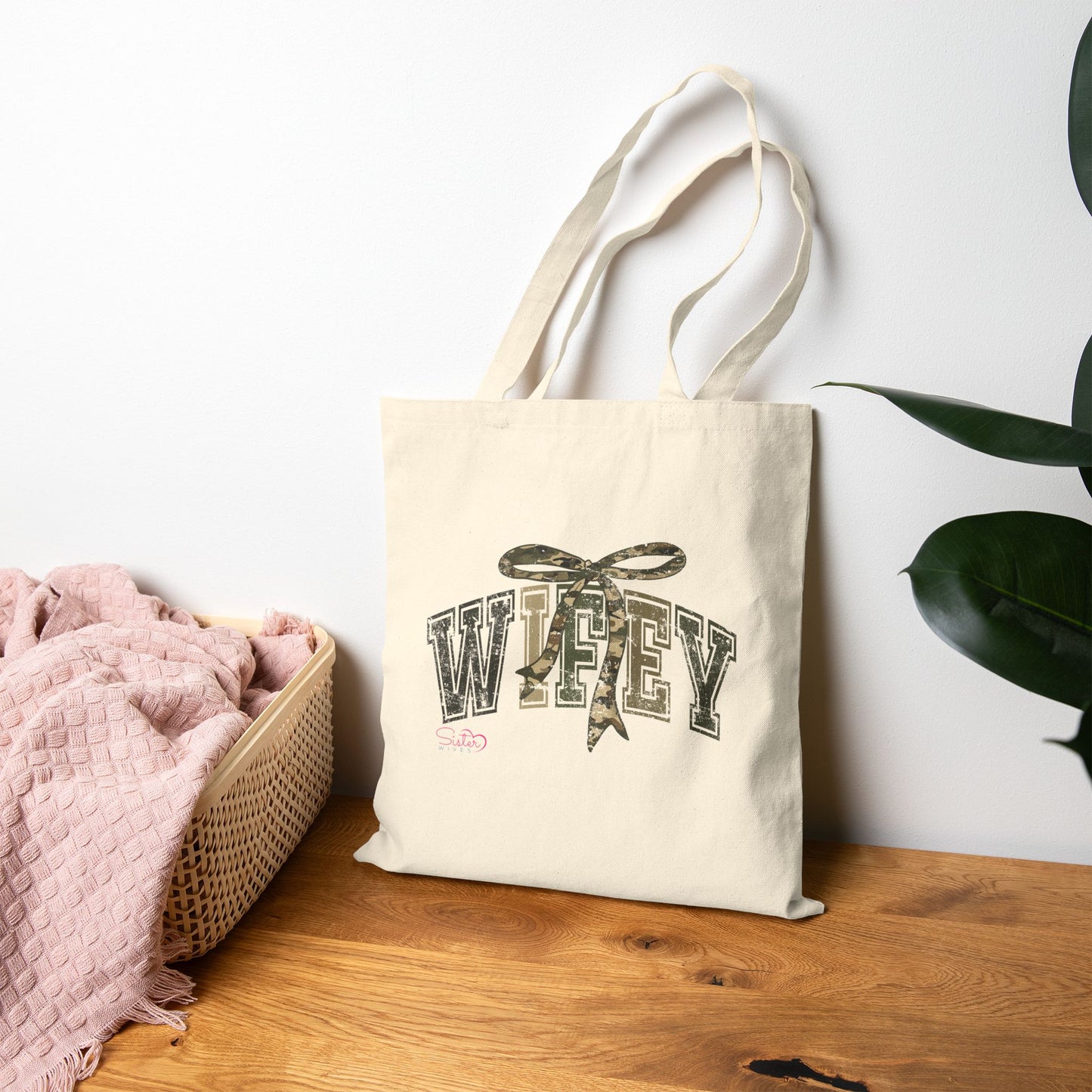 Wifey Canvas Tote Bag – Minimalist Bow Typography Tote | Everyday Carry, Gift for Spouses, Cute Neutral Aesthetic Bag