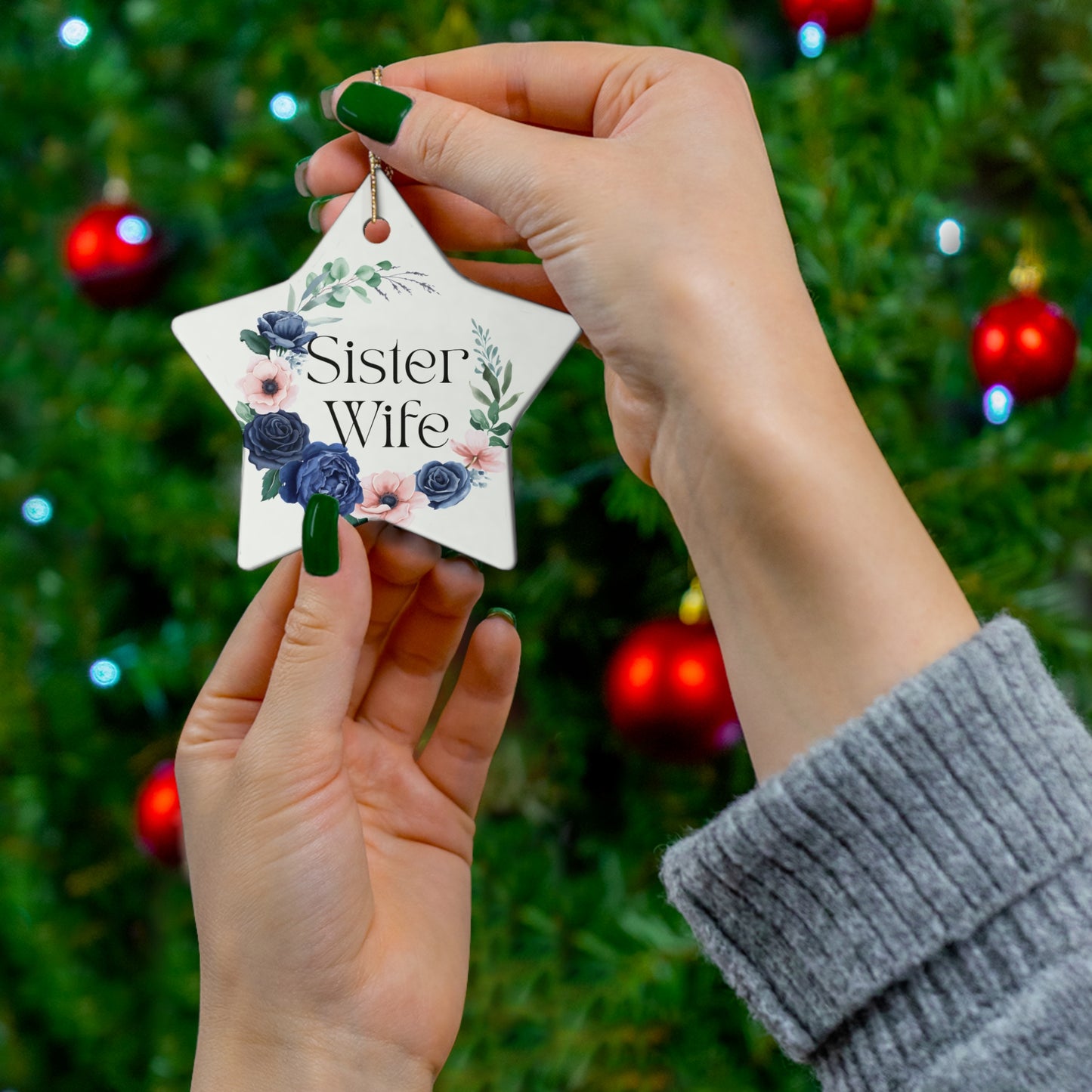 Sister Wife Blue Floral Ceramic Ornament, Personalized Holiday Decor, Family Gift, Christmas Decoration, Home Ornament