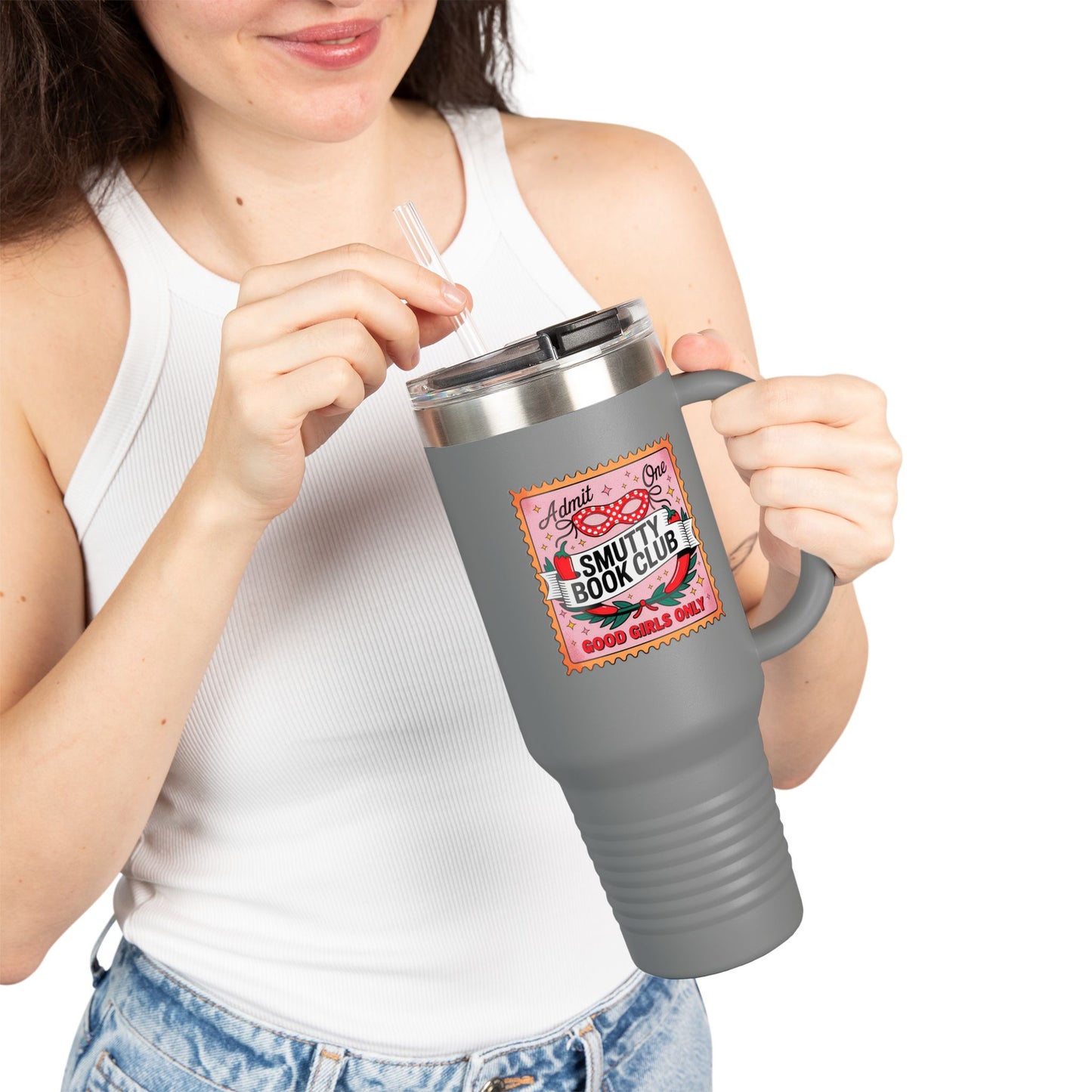 Smutty Book Club 40oz Insulated Travel Mug – Admit One Romance Reader Tumbler with Straw | Funny Spicy Booktok Cup