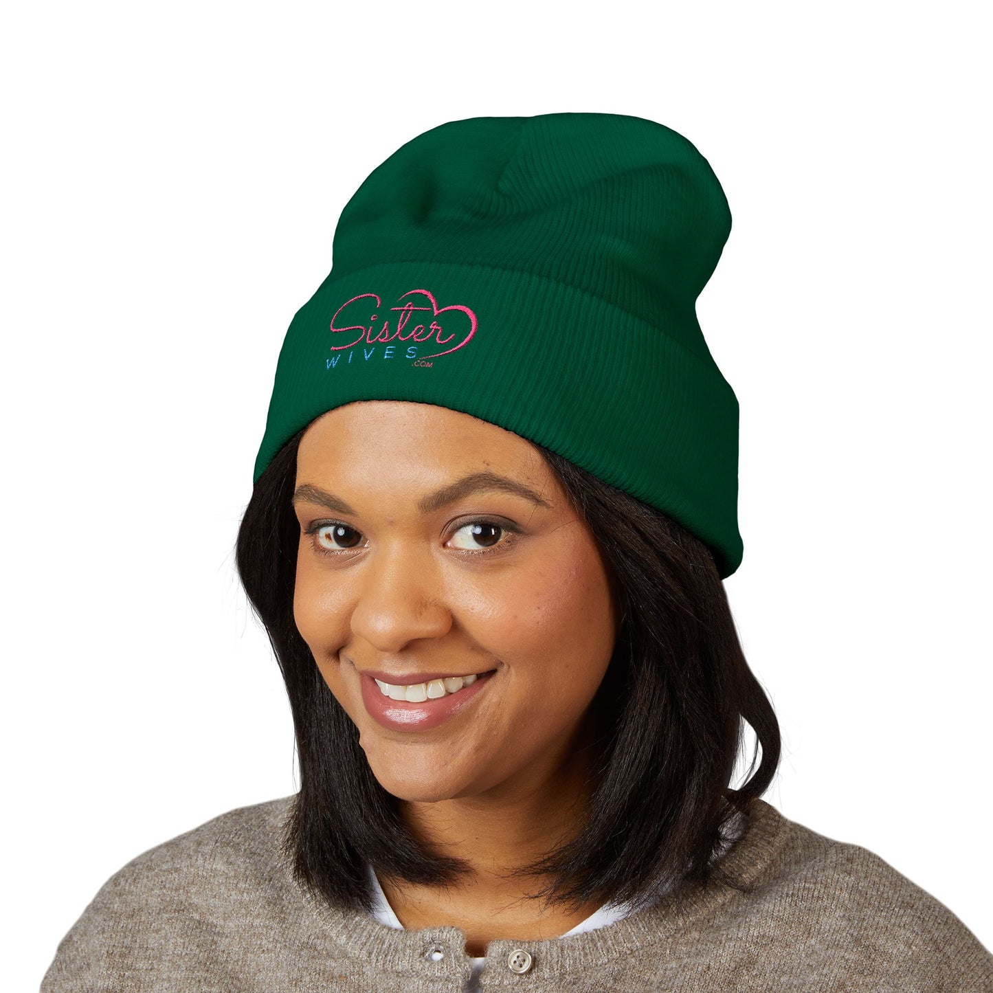 SisterWives Logo Embroidered Cuffed Beanie, Cozy Hat for Family Gatherings, Winter Wear, Holiday Gift, Fashion Accessory