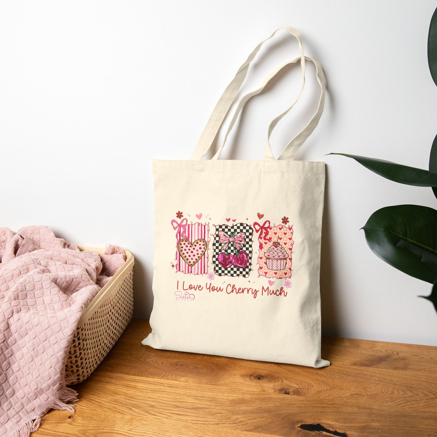 “I Love You Cherry Much” Canvas Tote Bag – Cute Valentine Aesthetic Tote | Cherries, Hearts & Cupcake | Gift for Partner, Chosen Family, Poly & ENM Friendly